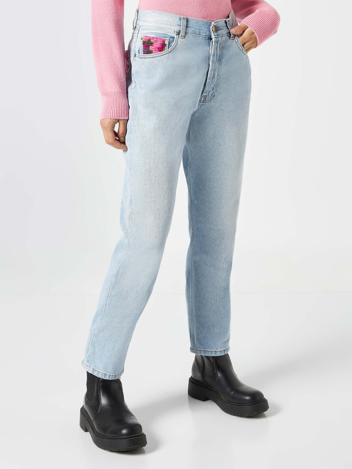 Belleville Light Blue Denim Jeans With Crochet Pockets Pant