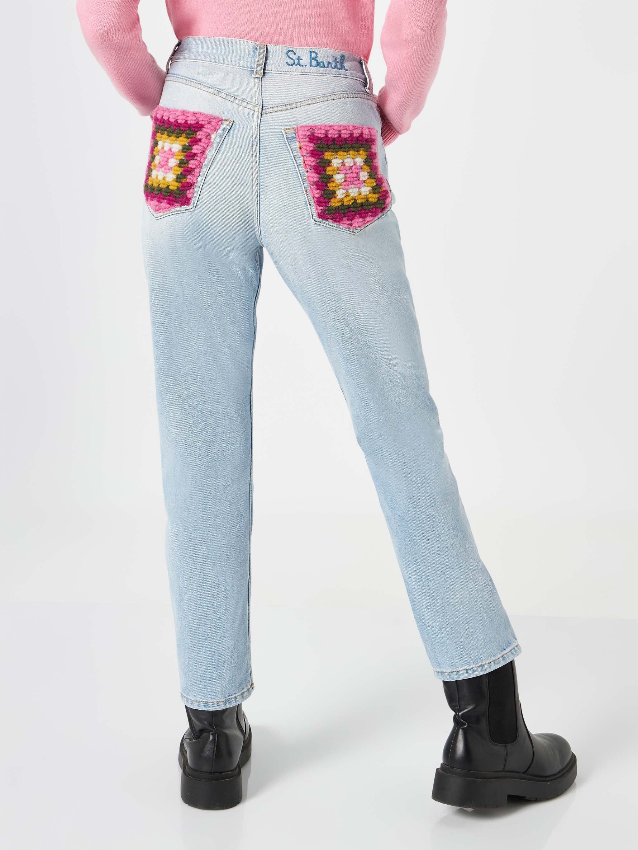 Belleville Light Blue Denim Jeans With Crochet Pockets Pant