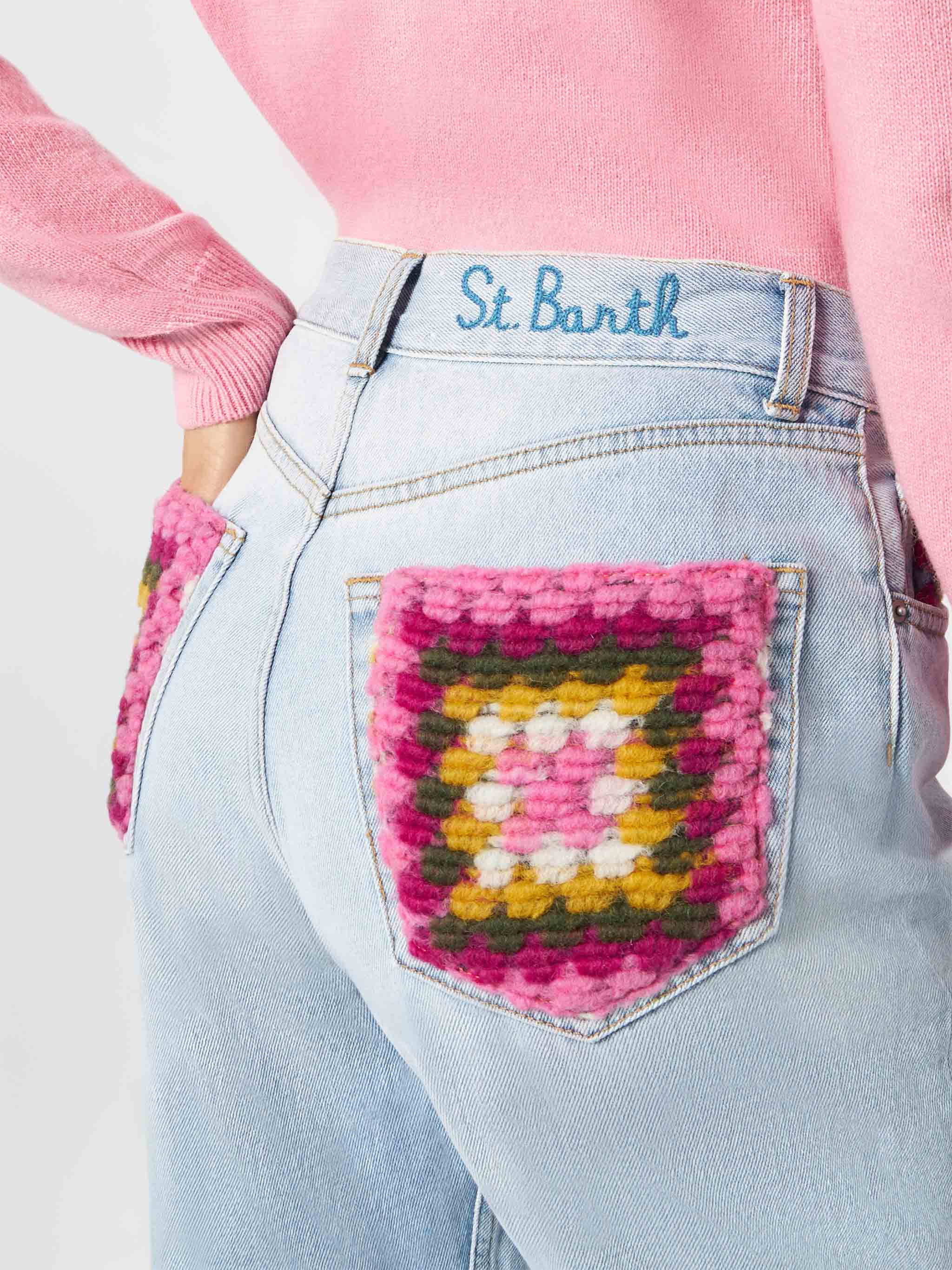 Belleville Light Blue Denim Jeans With Crochet Pockets Pant