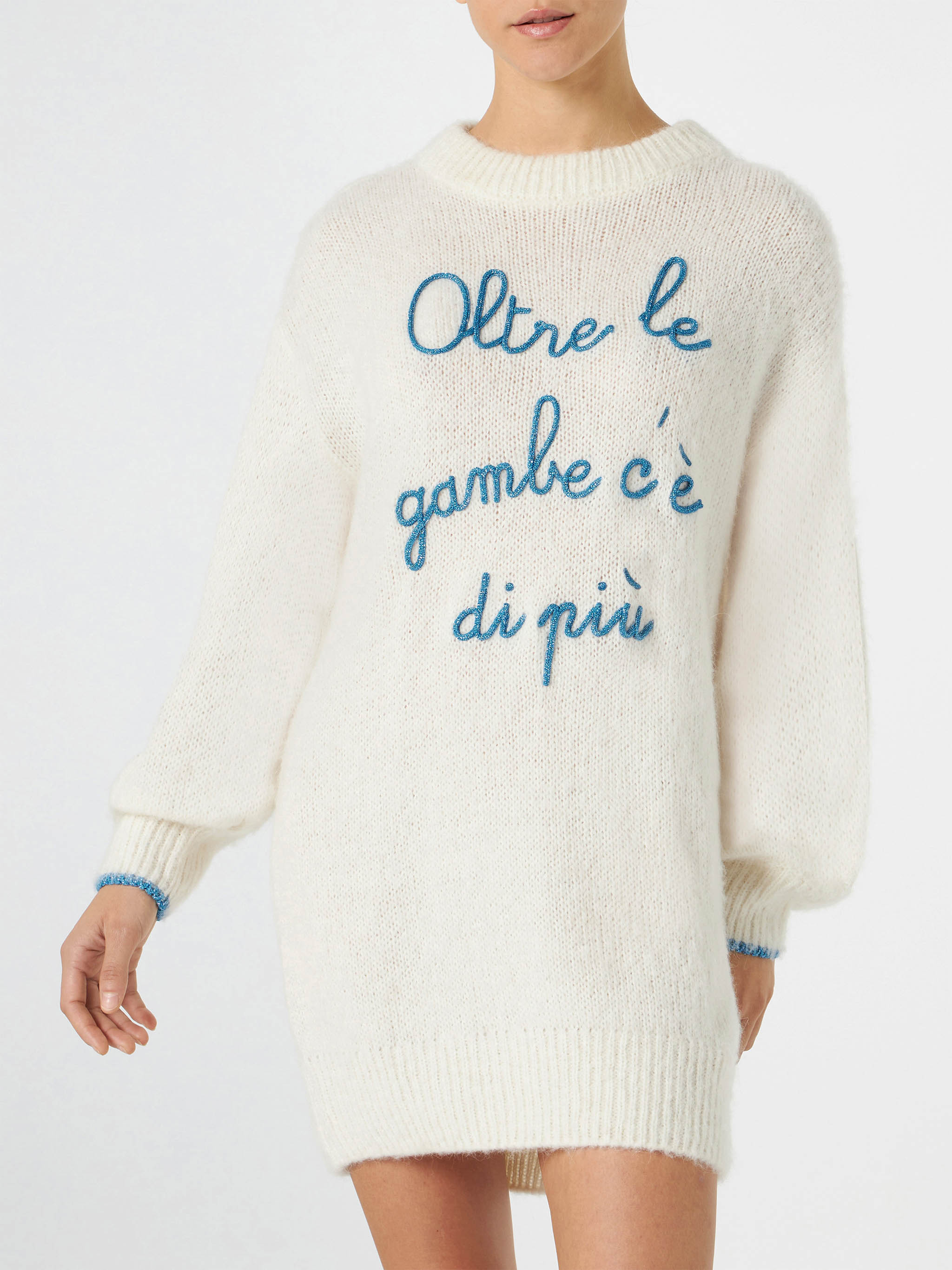 Ultra Soft Knit Dress With Oltre Le Gambe Cè Di Più Embroidery White Knitwear