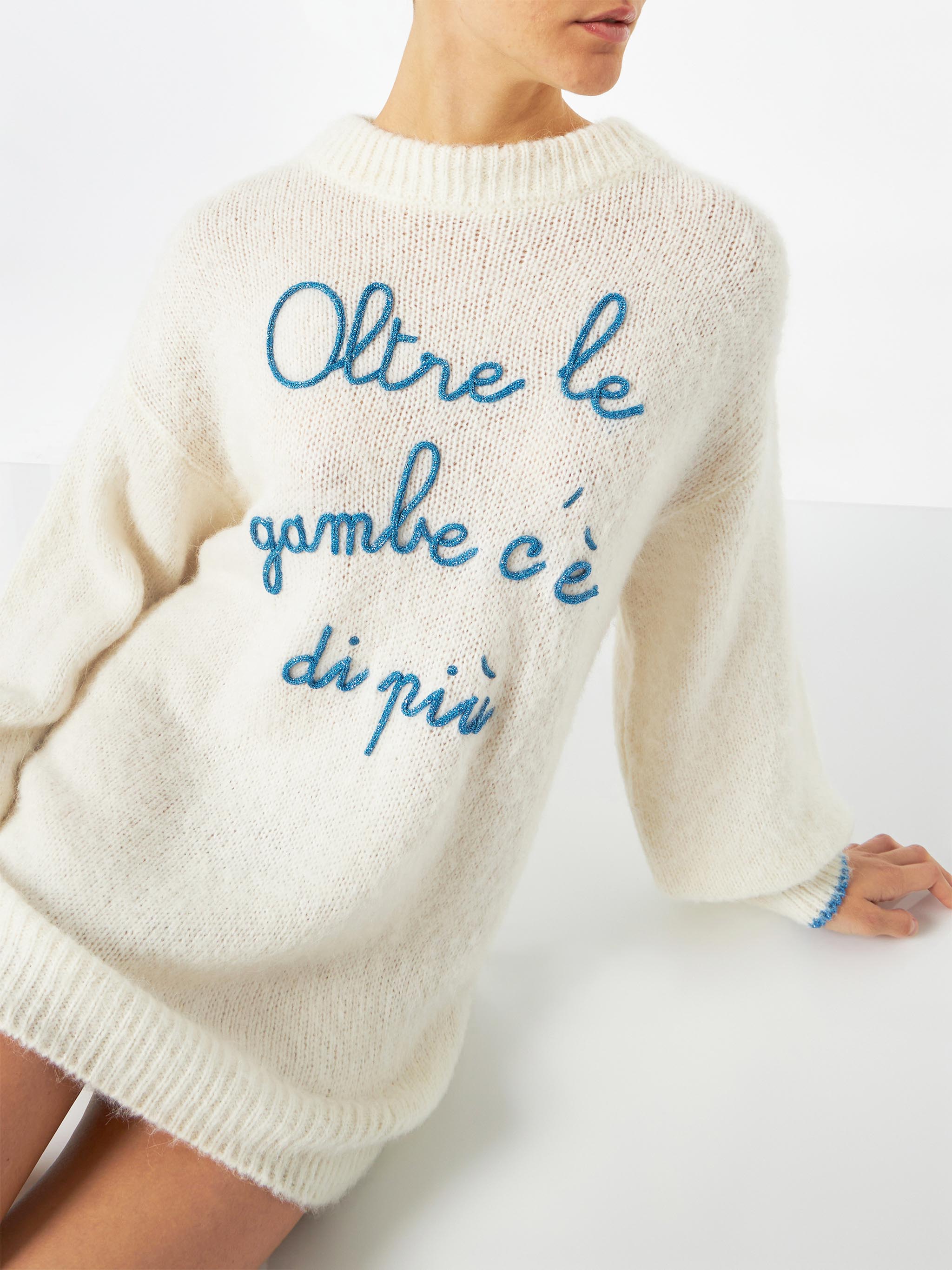 Ultra Soft Knit Dress With Oltre Le Gambe Cè Di Più Embroidery White Knitwear