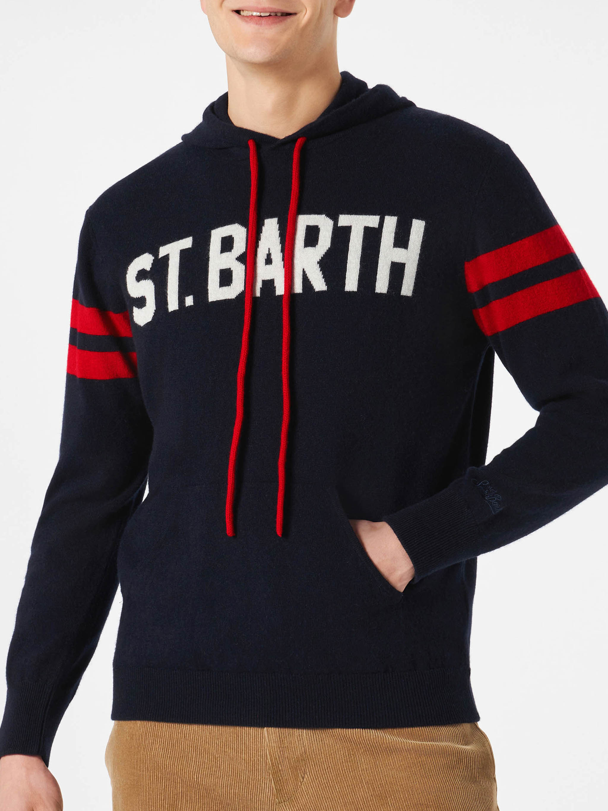 Knitted Hoodie With St. Barth Print Blue Knitwear