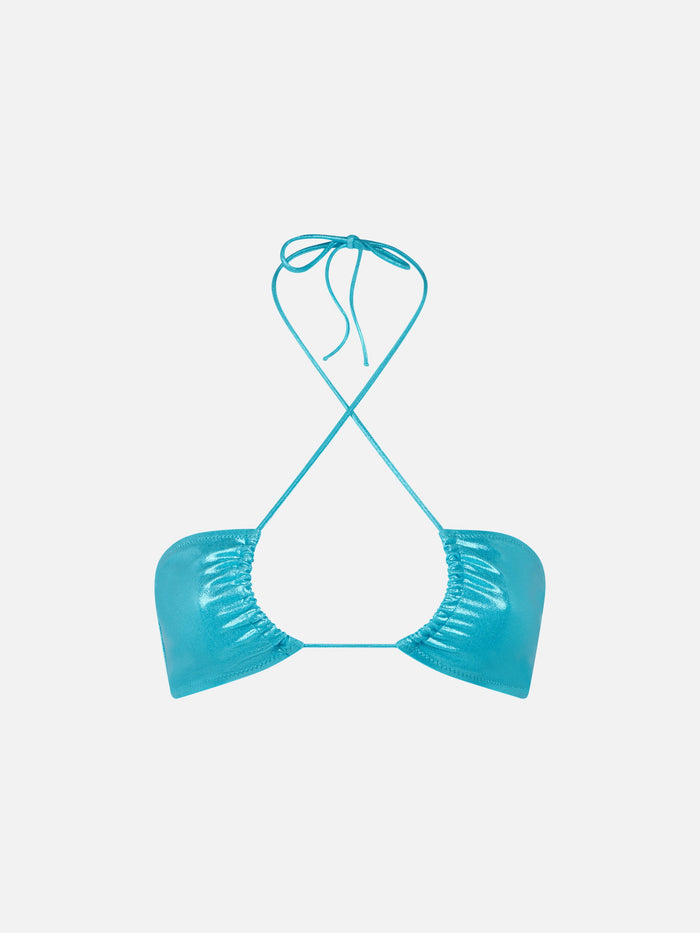 Dahlia Turquoise Lurex Bandeau Bikini Top Blue