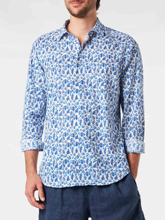 Man Muslin Cotton Sikelia Shirt With Blue Leaves Print White