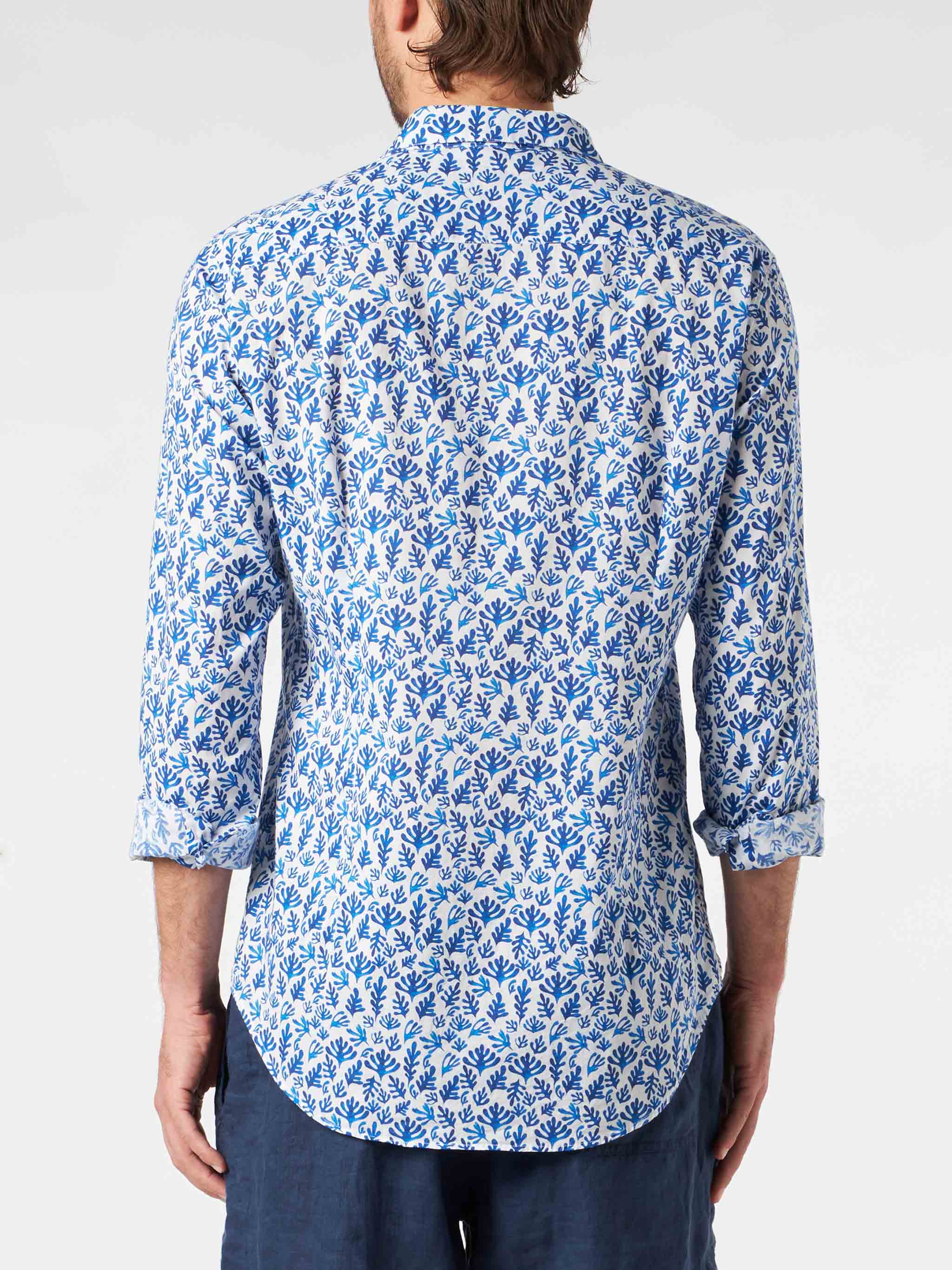 Man Muslin Cotton Sikelia Shirt With Blue Leaves Print White
