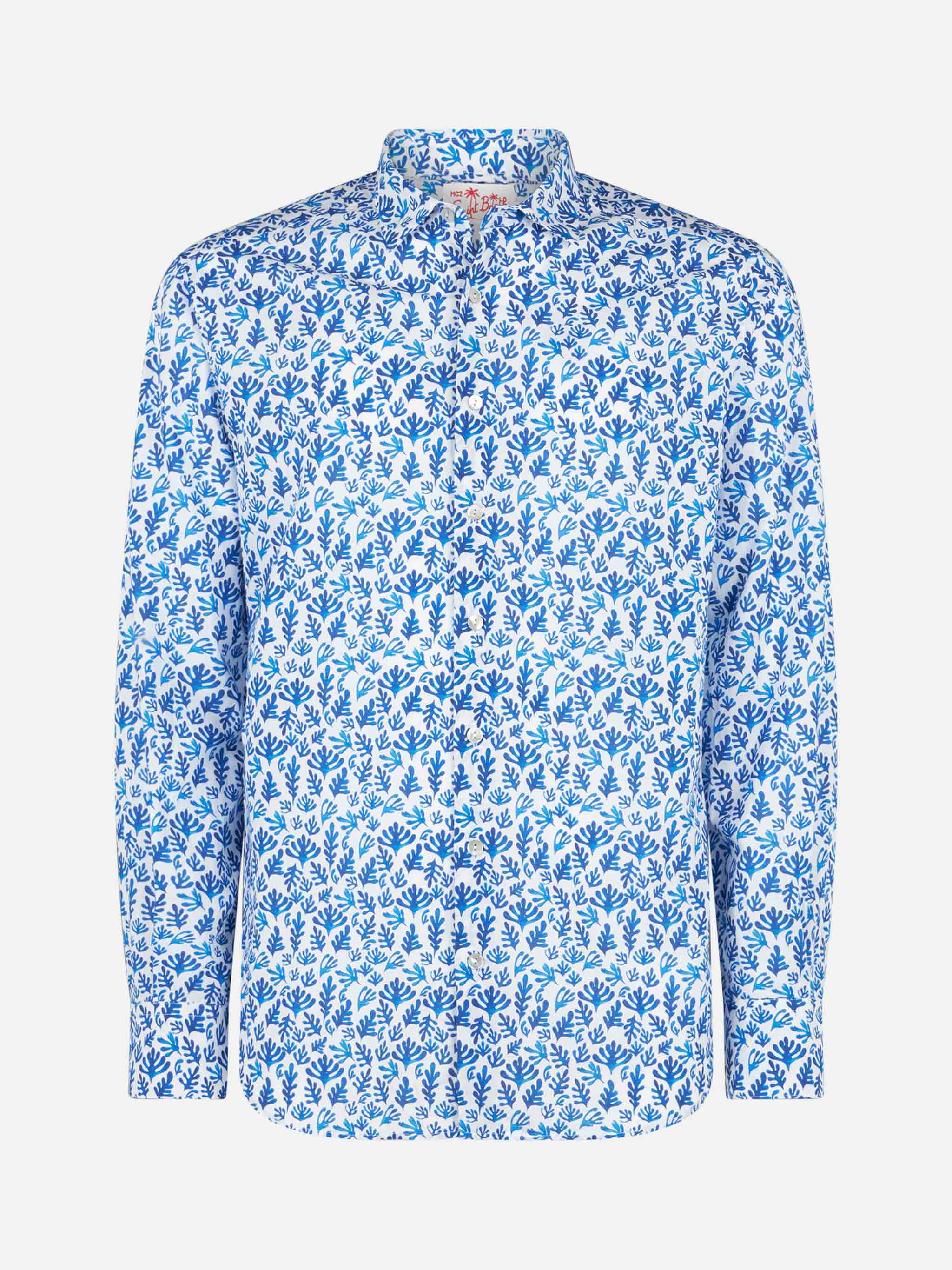 Man Muslin Cotton Sikelia Shirt With Blue Leaves Print White
