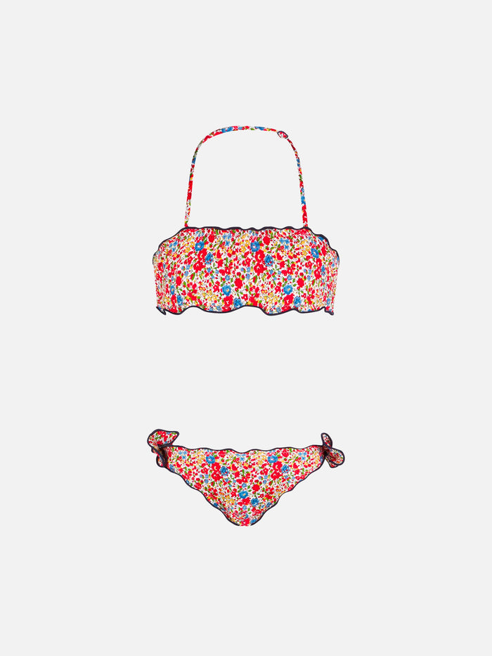 Girl Bandeau Bikini With Multicolor Flowers Print Blue