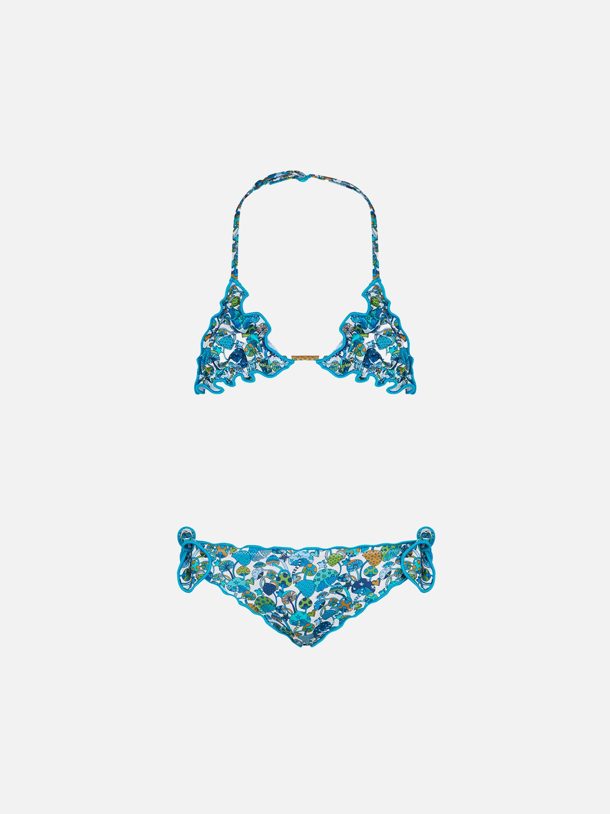 Girl Triangle Bikini With Mushroom Print | Made Liberty Fabric Blue