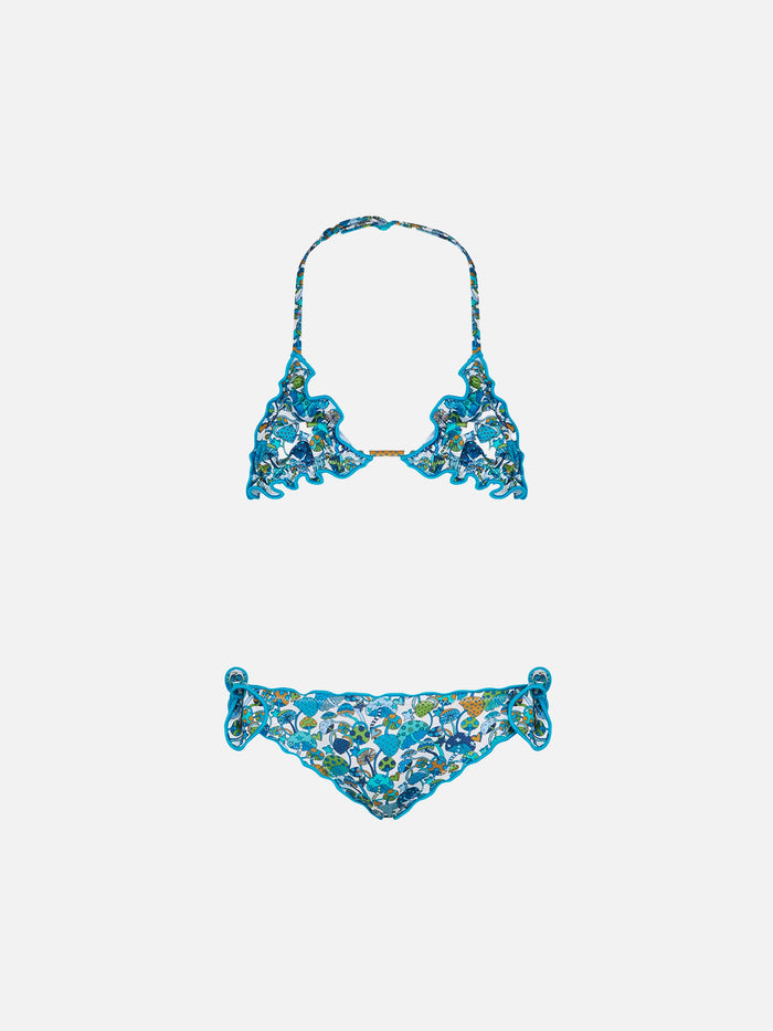 Girl Triangle Bikini With Mushroom Print | Made Liberty Fabric Blue