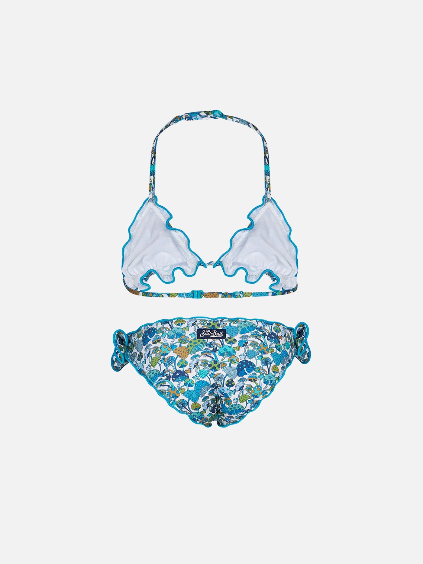 Girl Triangle Bikini With Mushroom Print | Made Liberty Fabric Blue