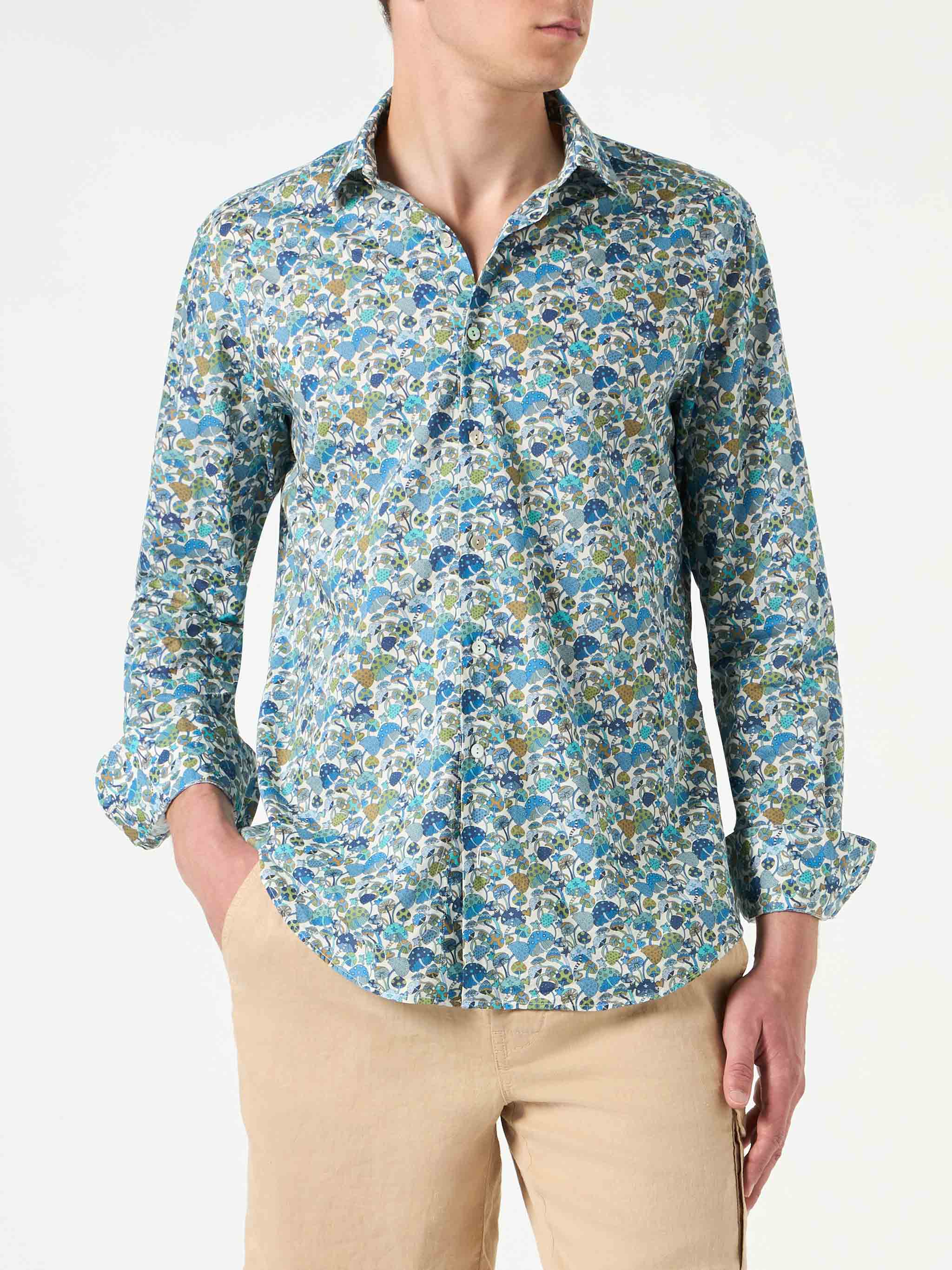 Man Muslin Cotton Sikelia Shirt With Mushroom Print | Made Liberty Fabric Blue