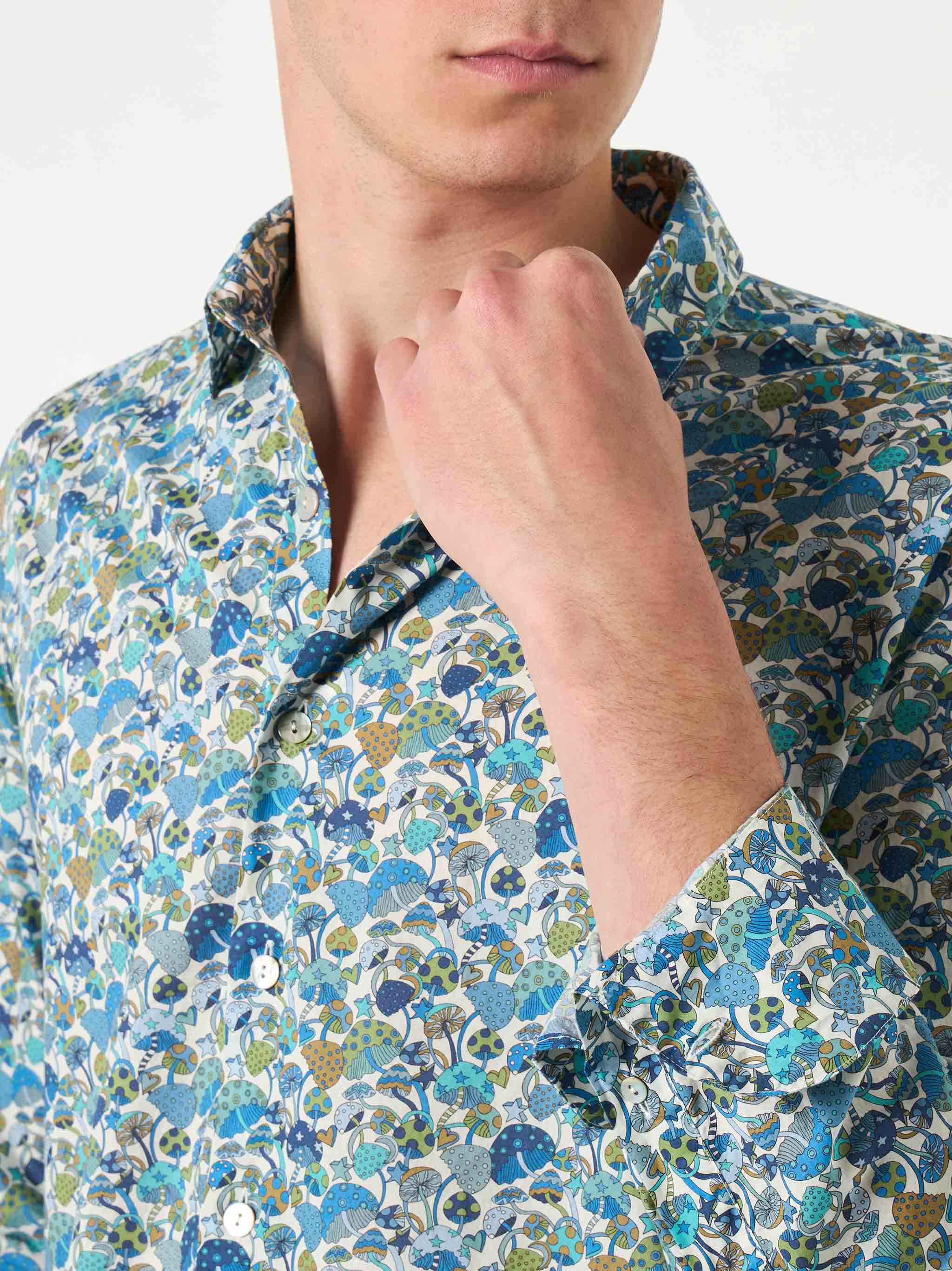 Man Muslin Cotton Sikelia Shirt With Mushroom Print | Made Liberty Fabric Blue