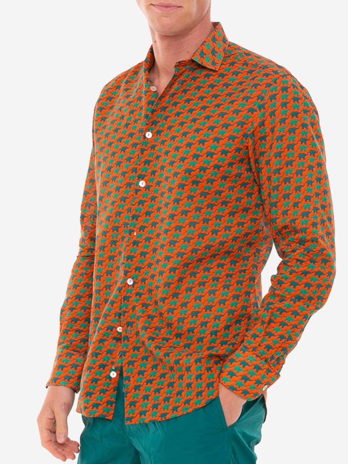 Man Muslin Cotton Sikelia Shirt With Elephant Print Orange
