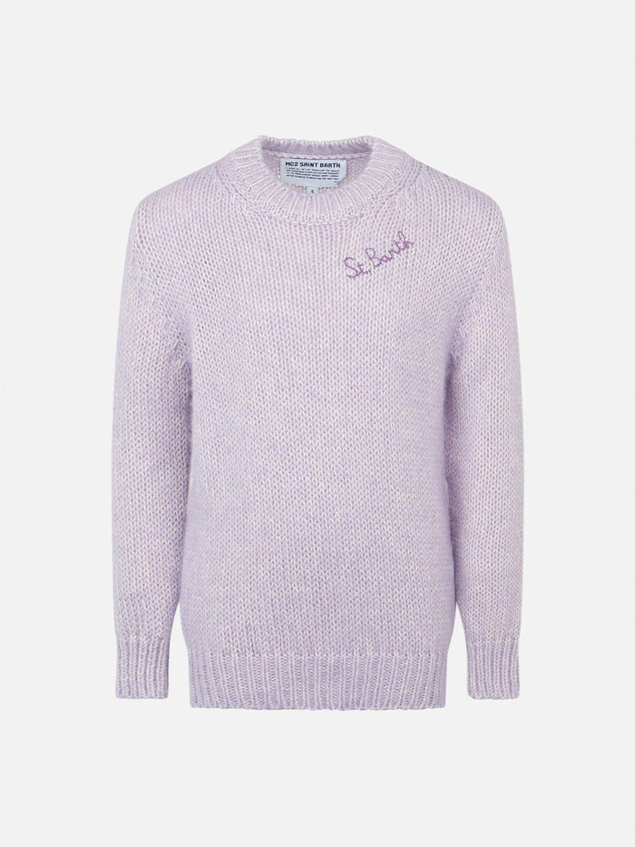 Girl Crewneck Lilac Soft Sweater With St. Barth Embroidery Pink