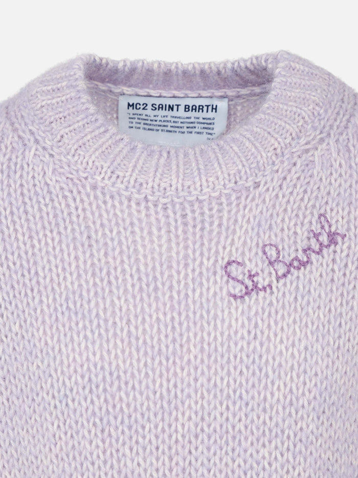 Girl Crewneck Lilac Soft Sweater With St. Barth Embroidery Pink