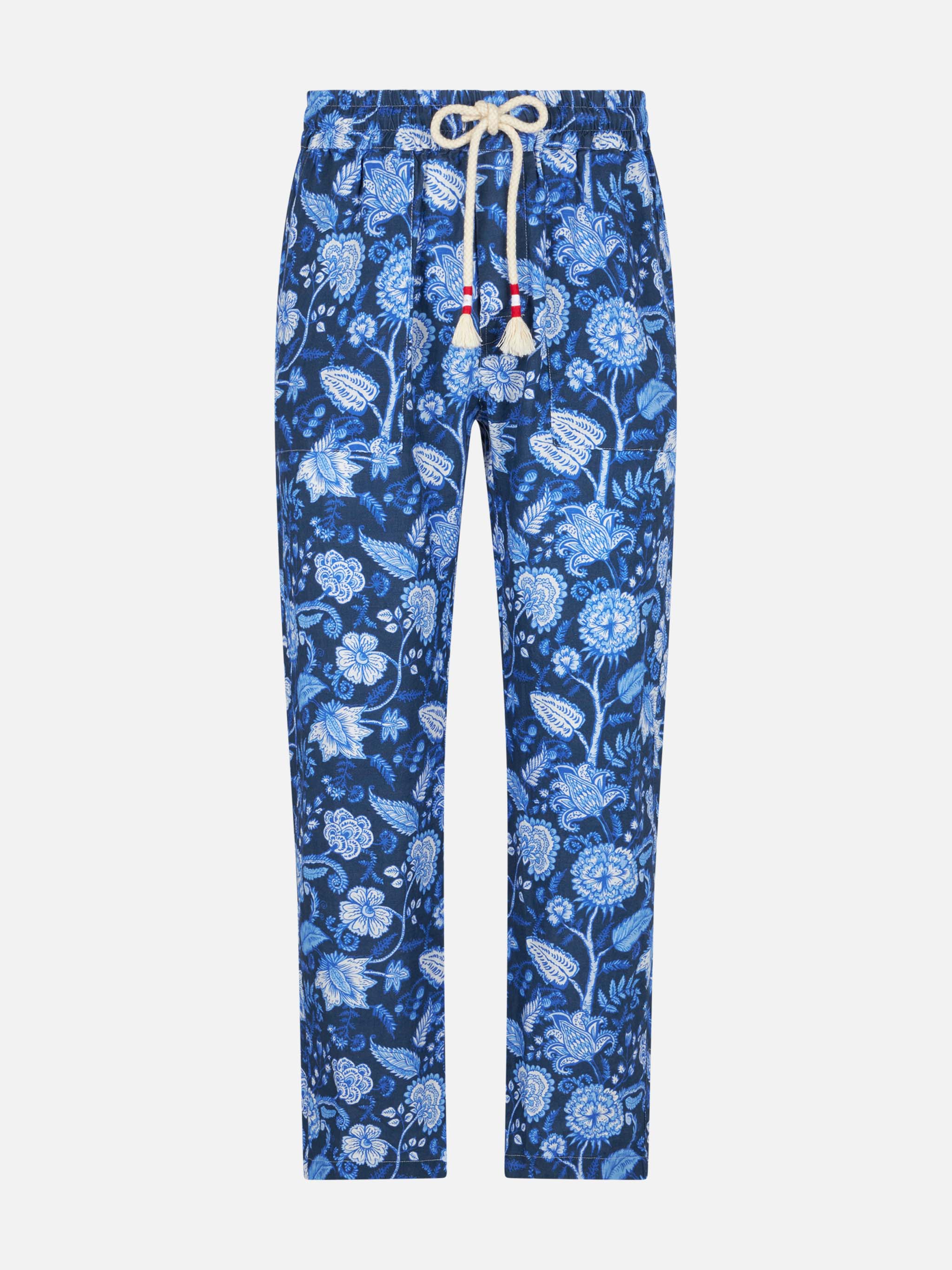 Man Floreal Print Linen Pants Blue