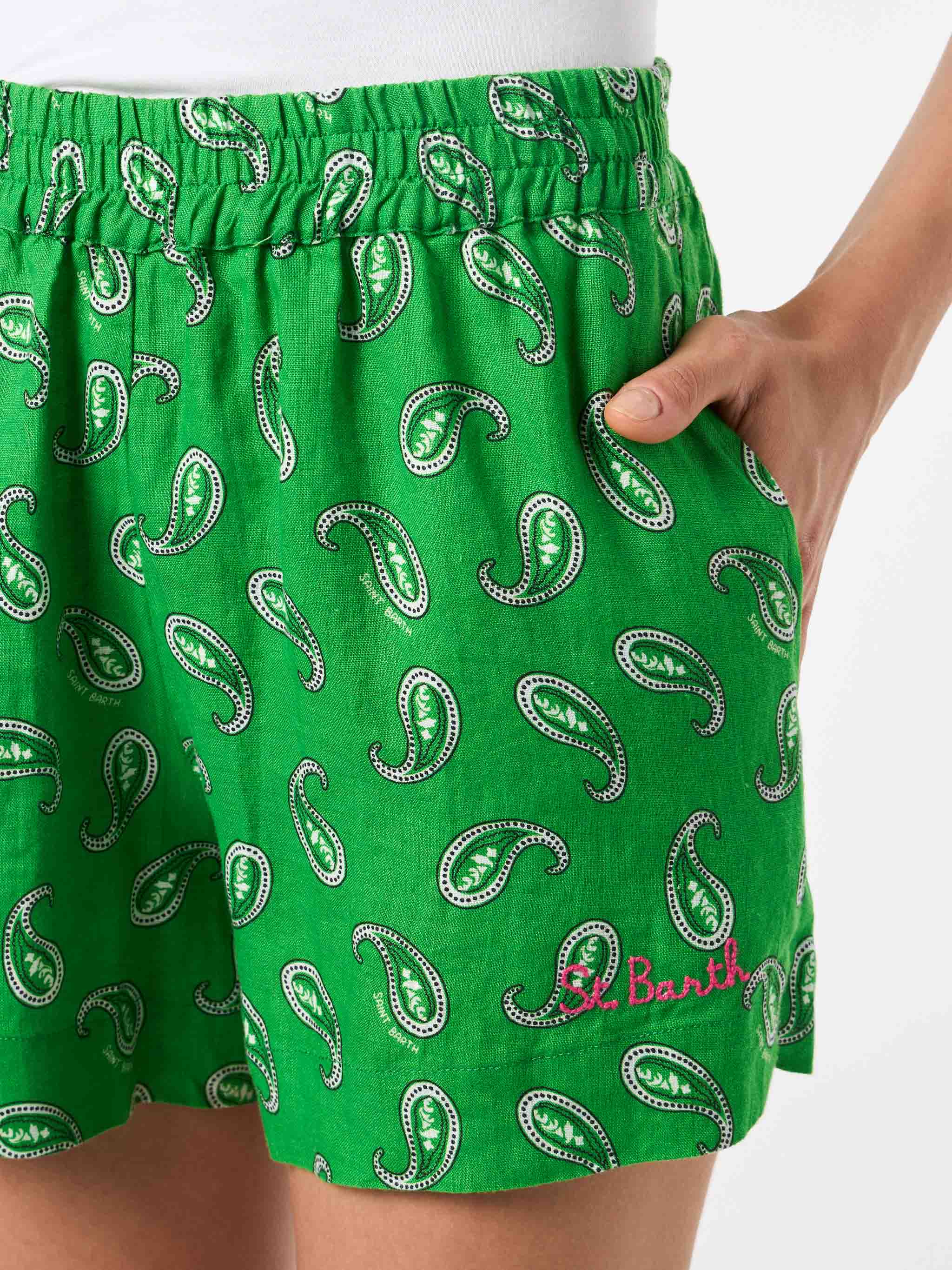 Lierre Green Paisley Linen Shorts Pant