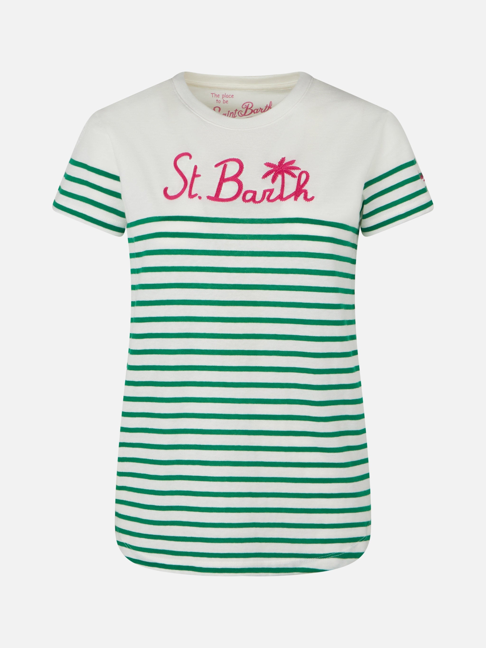 Green Striped Cotton T-Shirt With St. Barth Embroidery White