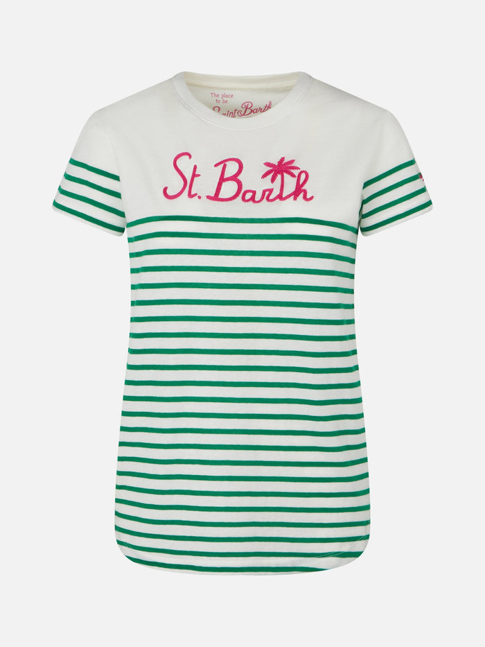 Green Striped Cotton T-Shirt With St. Barth Embroidery White
