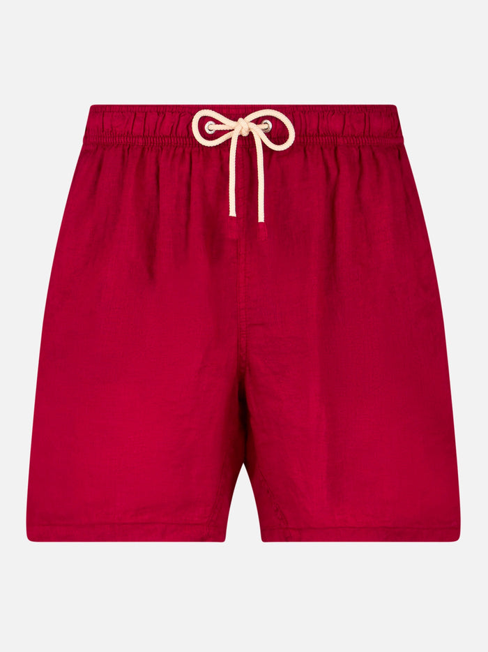 Solid Bordeaux Mid-Length Linen Swim Shorts Red Swimshort