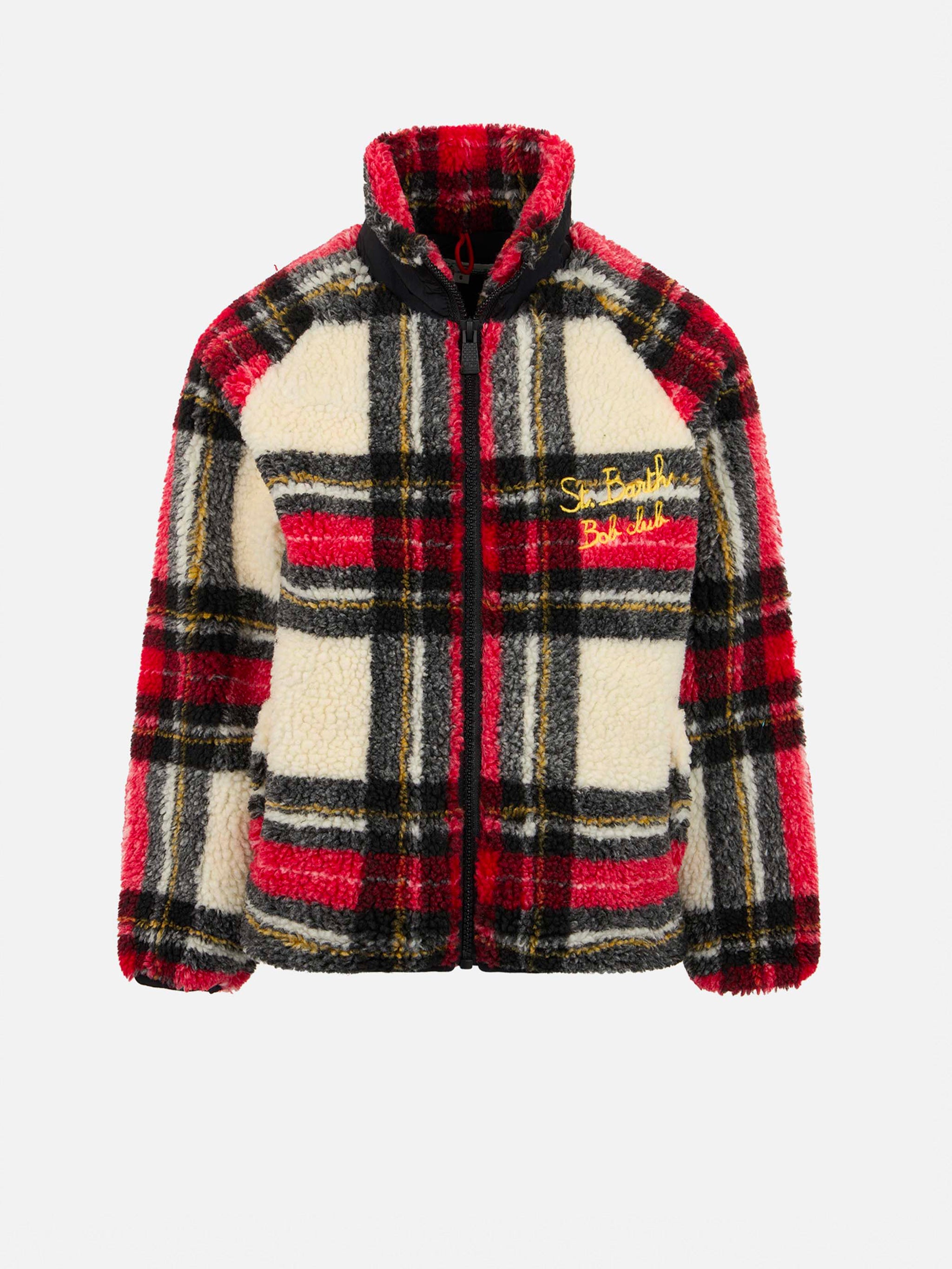 Girl Sherpa Jacket With Tartan Print White