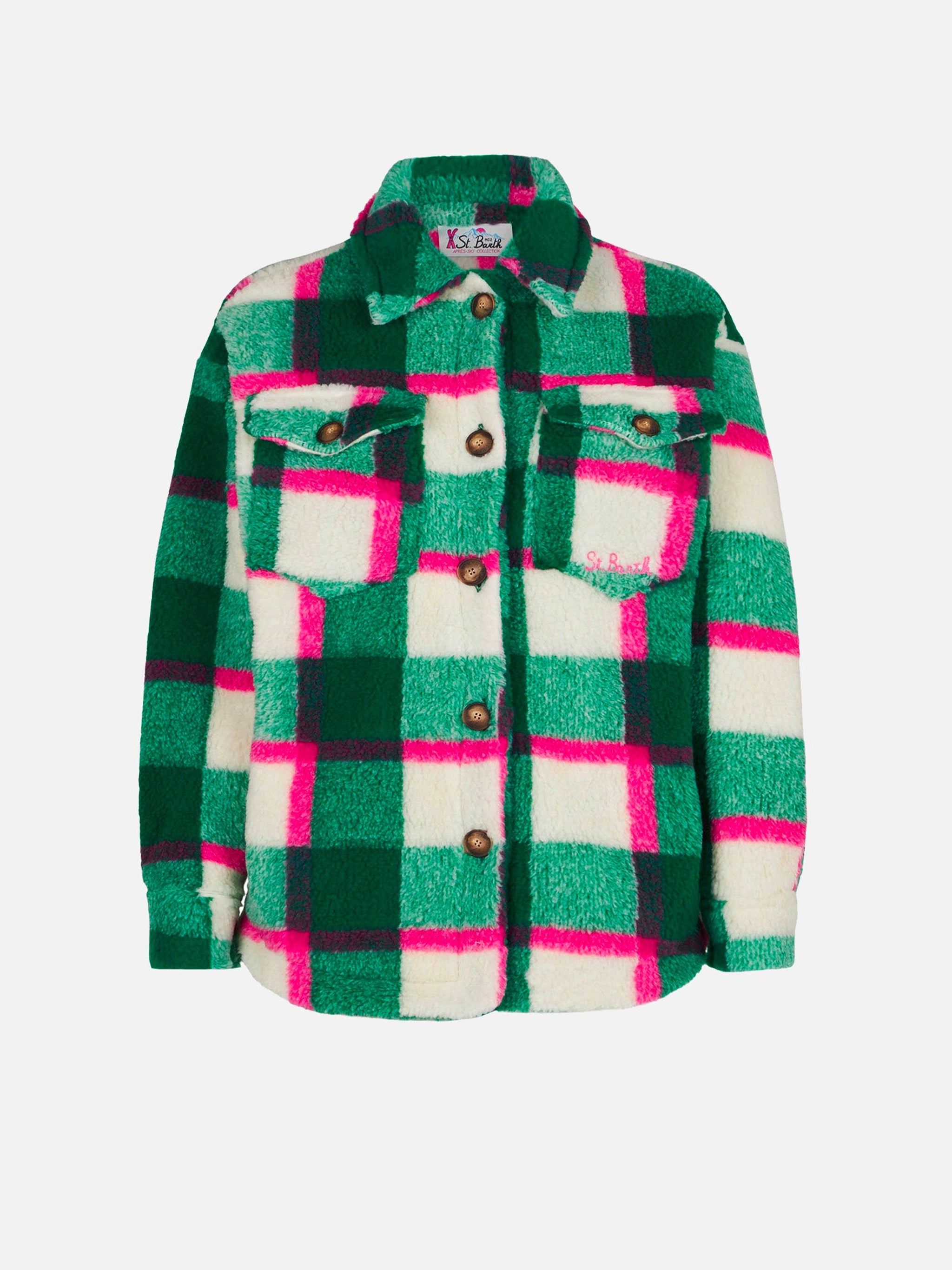 Girl Sherpa Overshirt With Tartan Print Jacket