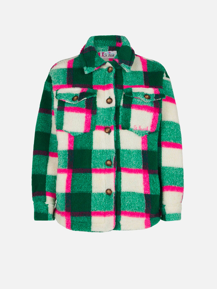 Girl Sherpa Overshirt With Tartan Print Jacket