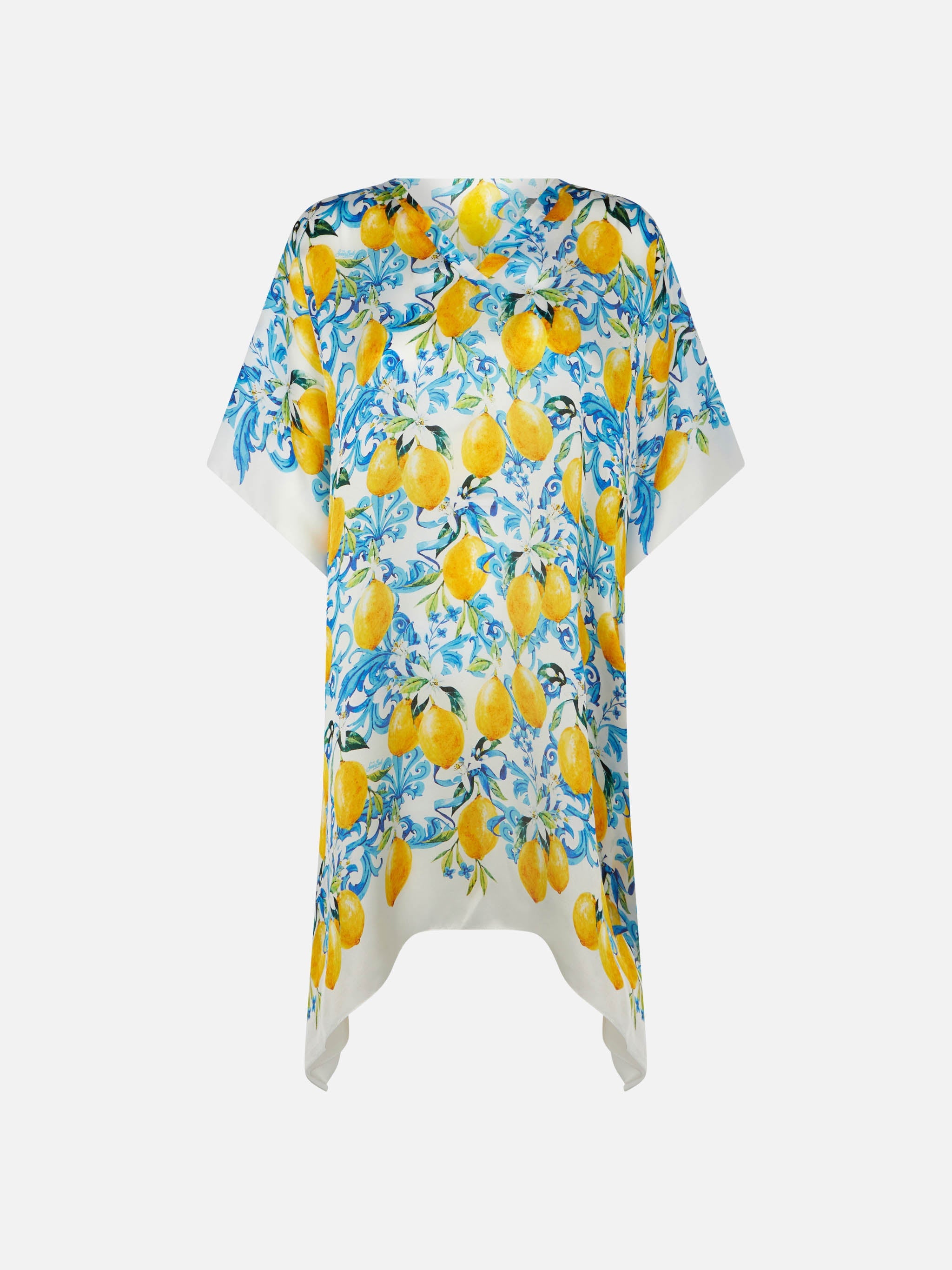 Lemons And Maiolica Print Silk Caftan White Sarong