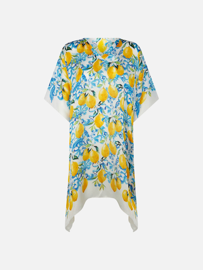Lemons And Maiolica Print Silk Caftan White Sarong