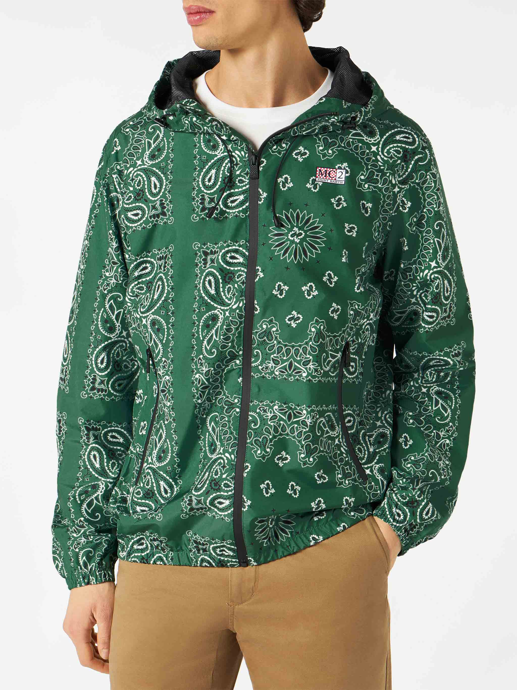Man Hooded Lightweight Windbreaker With Bandanna Print Green Jacket