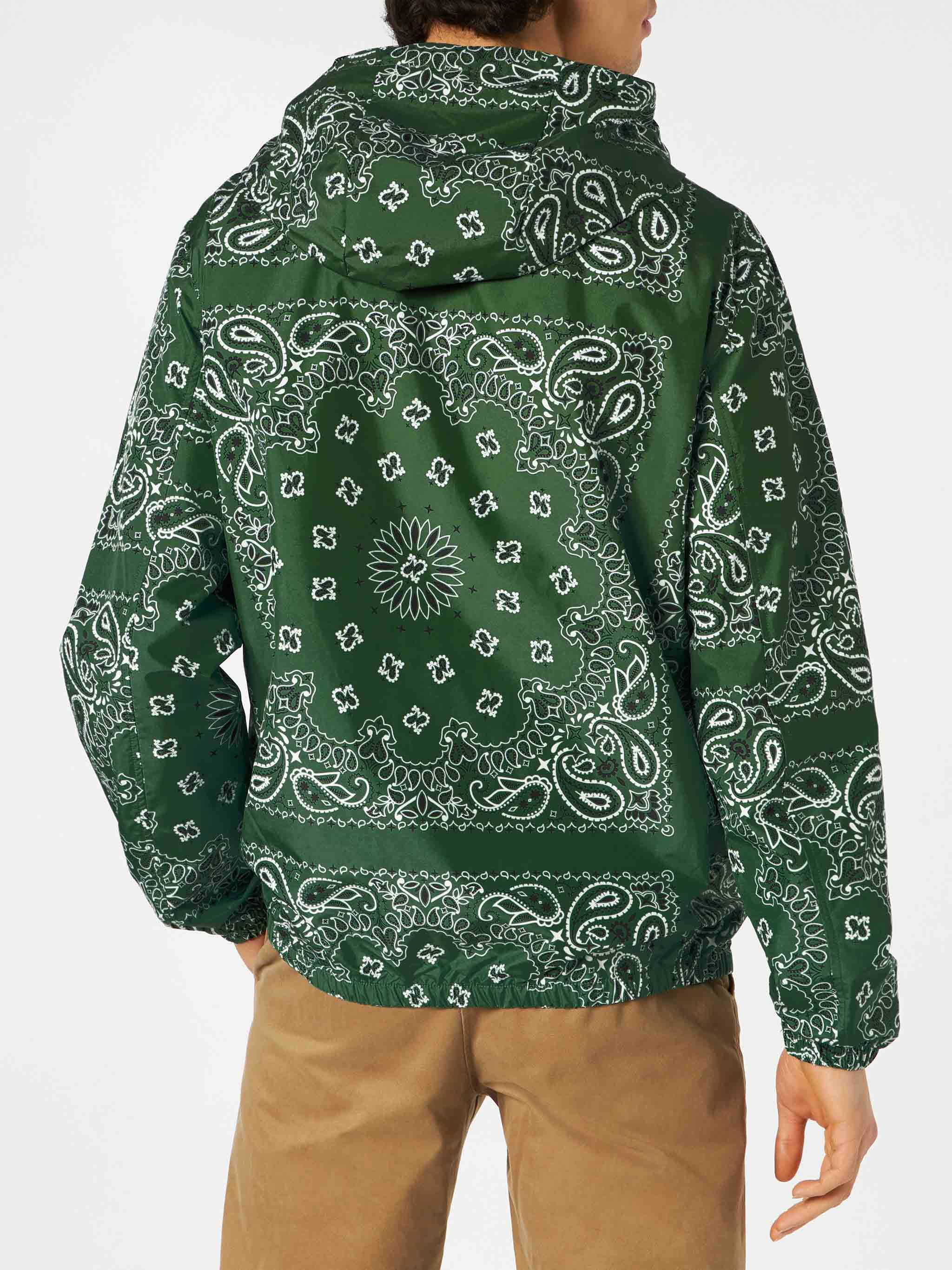 Man Hooded Lightweight Windbreaker With Bandanna Print Green Jacket