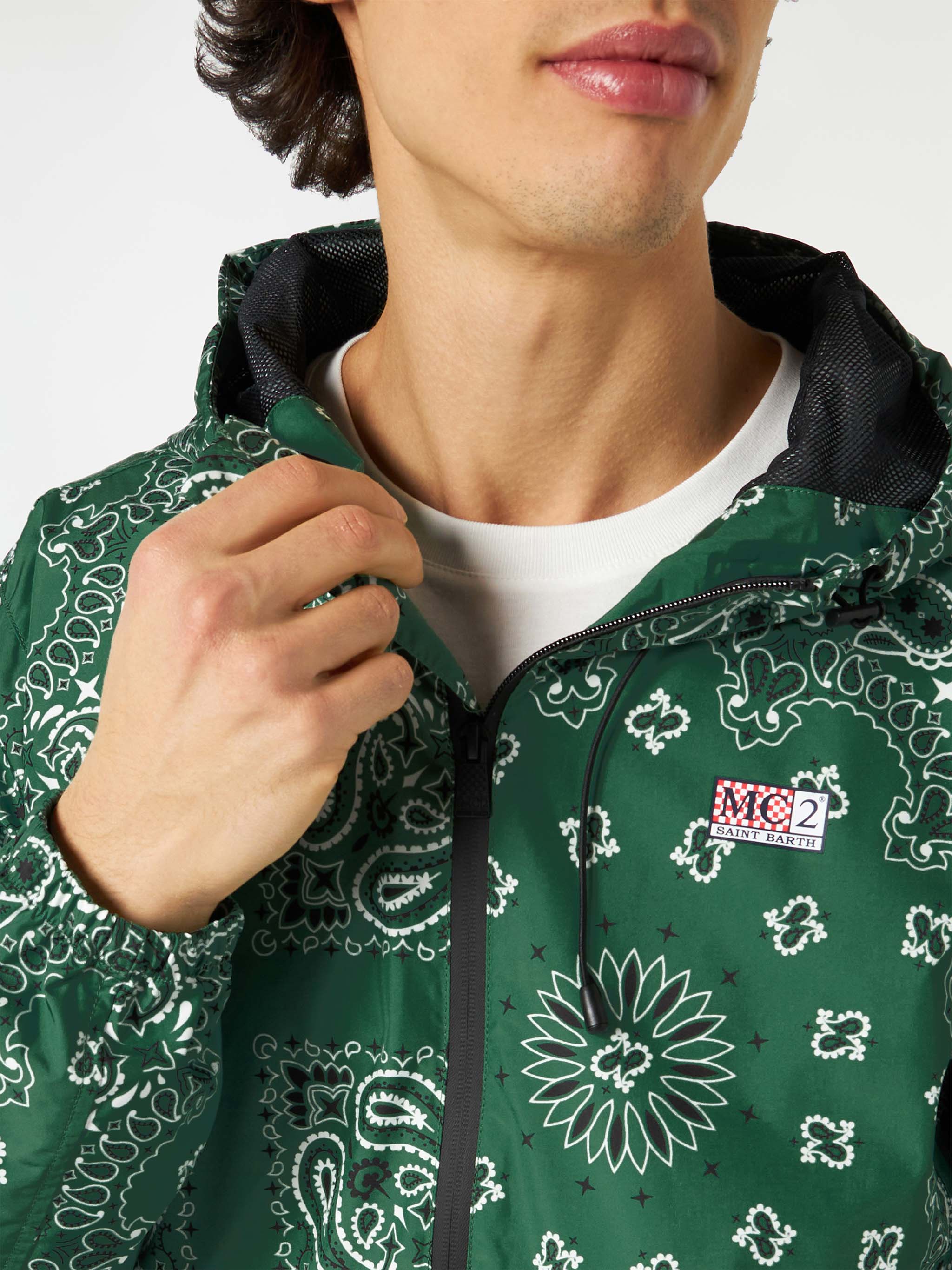 Man Hooded Lightweight Windbreaker With Bandanna Print Green Jacket