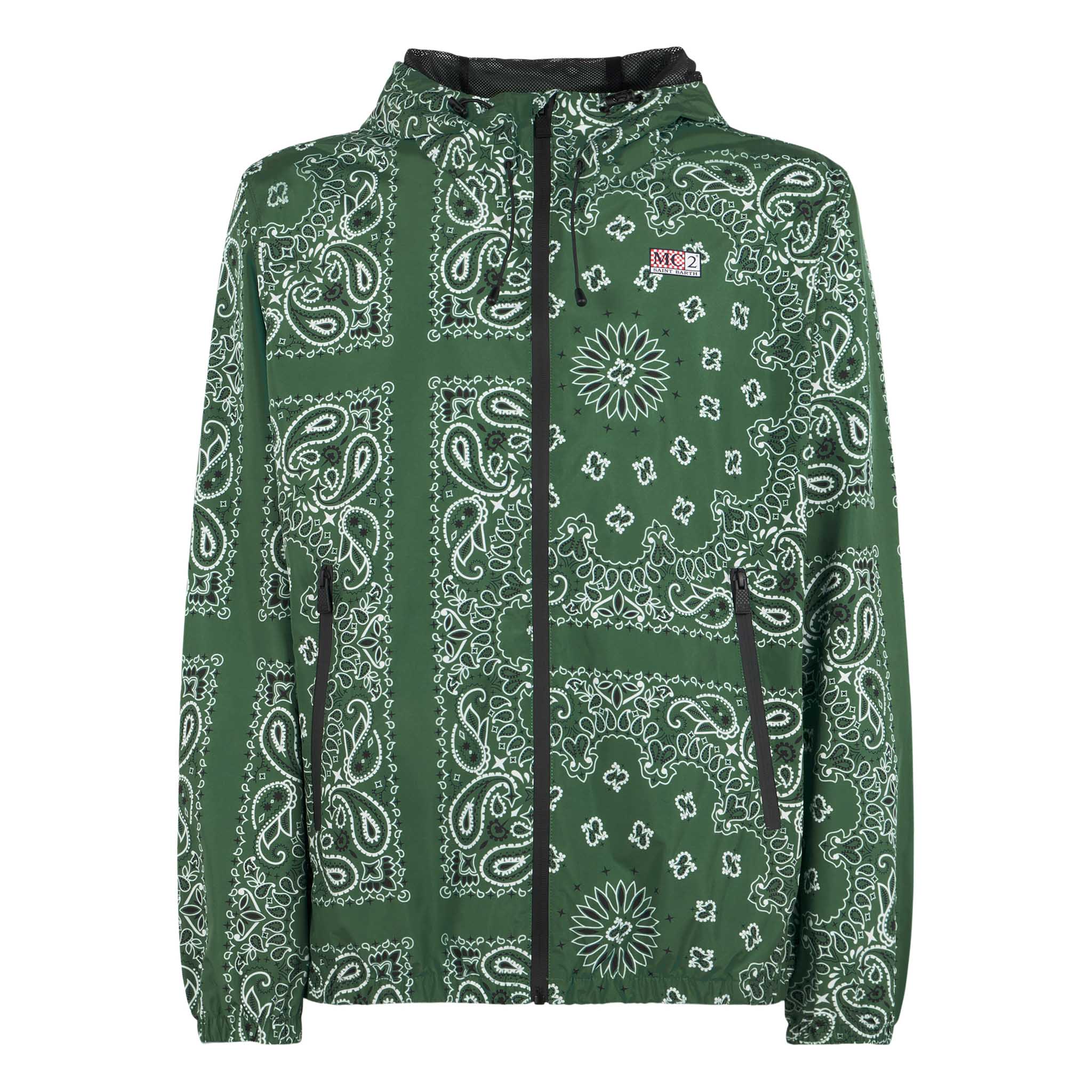 Man Hooded Lightweight Windbreaker With Bandanna Print Green Jacket