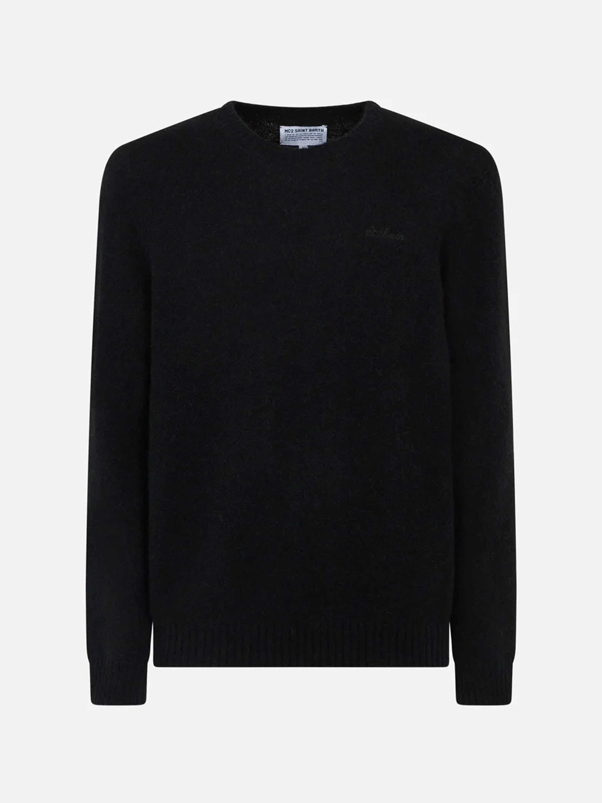 Crewneck Sweater Heron Black Stretch Alpaca With St. Barth Embroidery