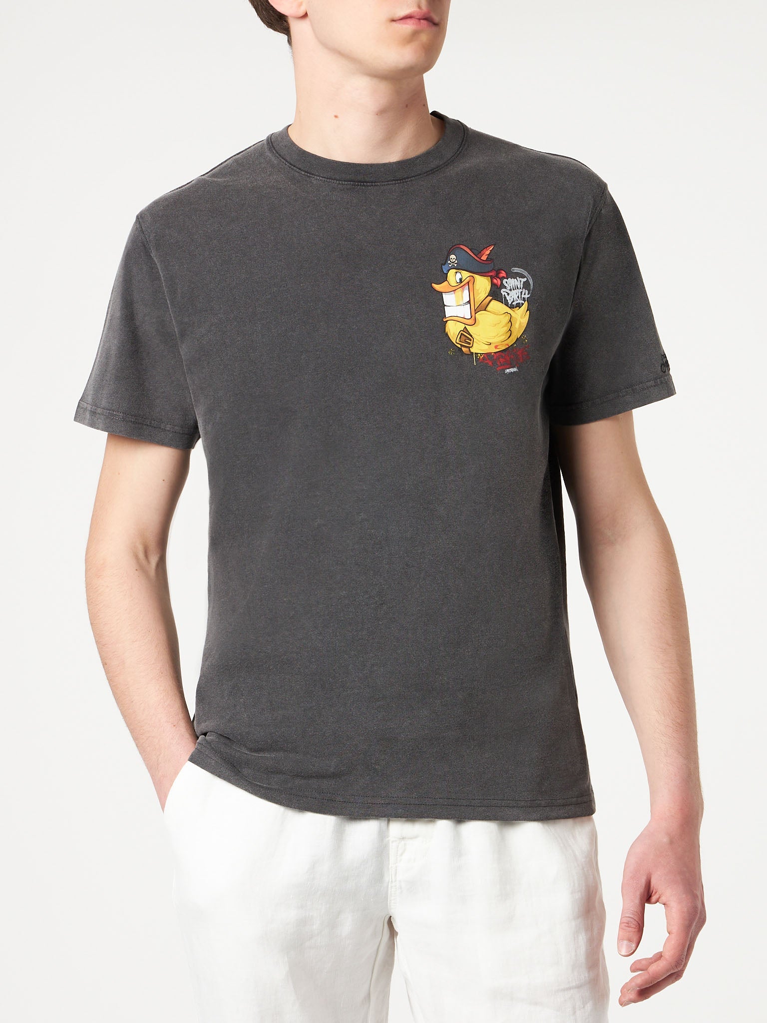 Man Cotton T-Shirt With Captain Duck Front And Back Print | Crypto Puppets® Special Edition Black