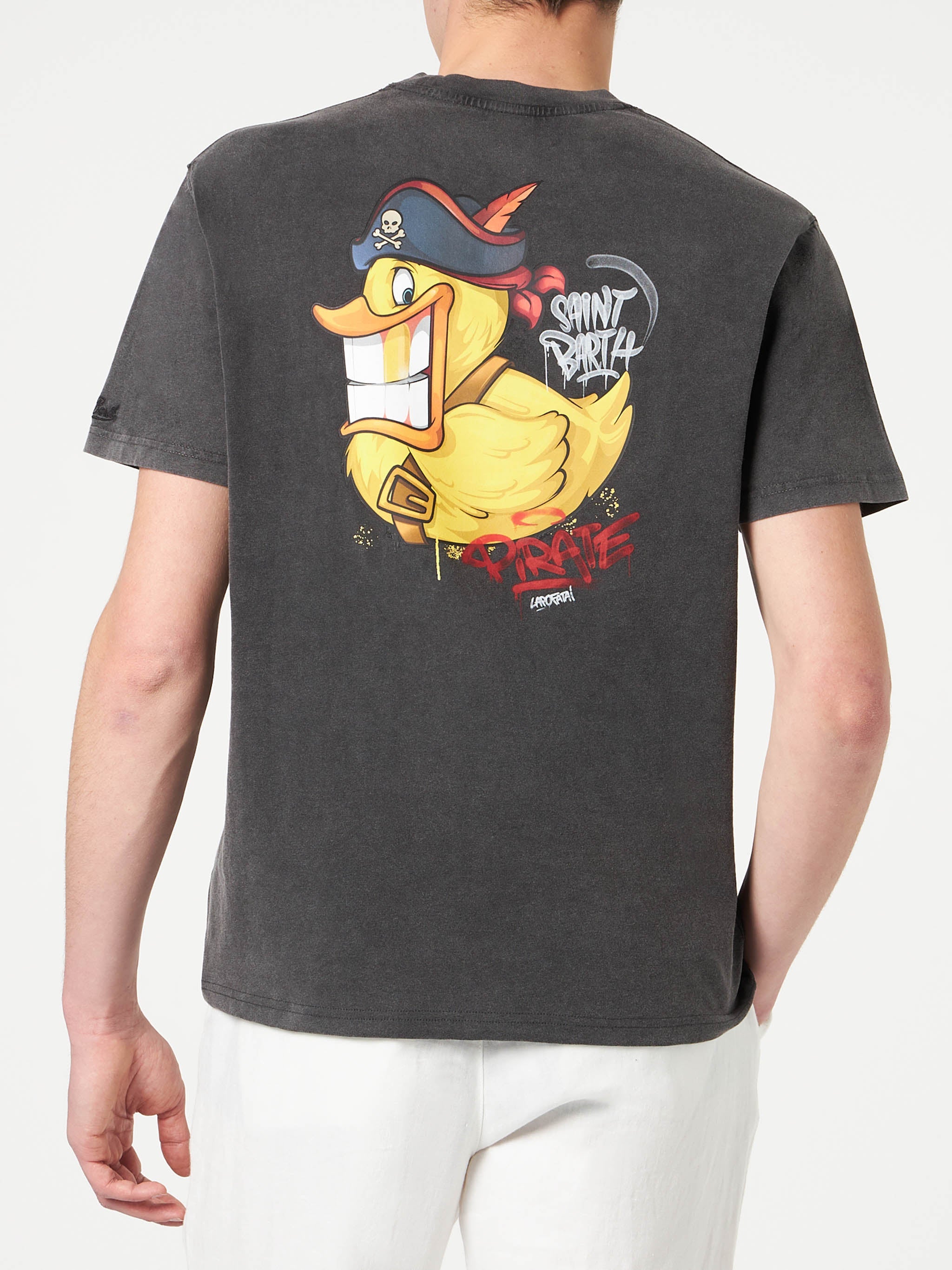 Man Cotton T-Shirt With Captain Duck Front And Back Print | Crypto Puppets® Special Edition Black