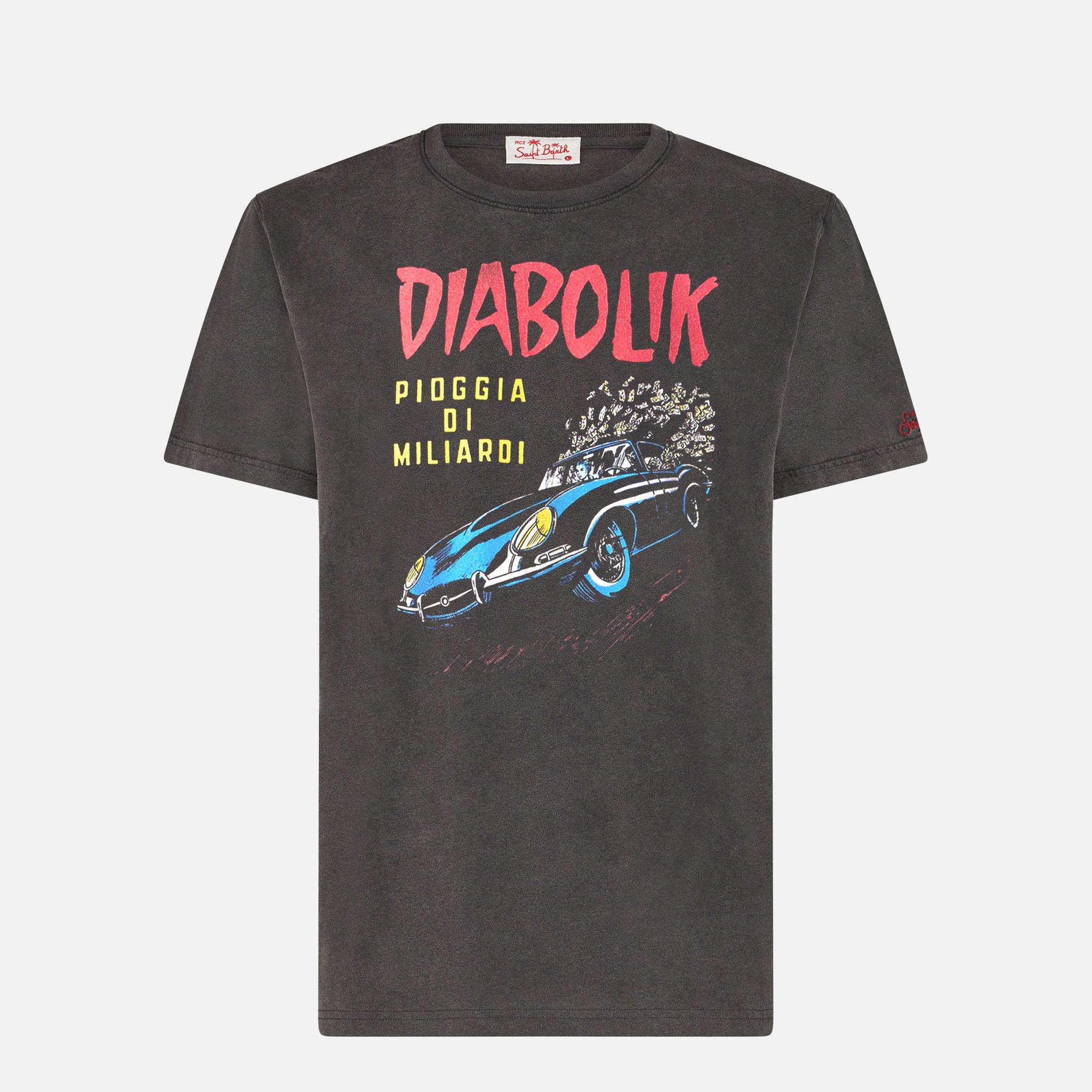 Man Cotton Vintage Treatment T-Shirt With Diabolik Car And Money Printed | Special Edition Black