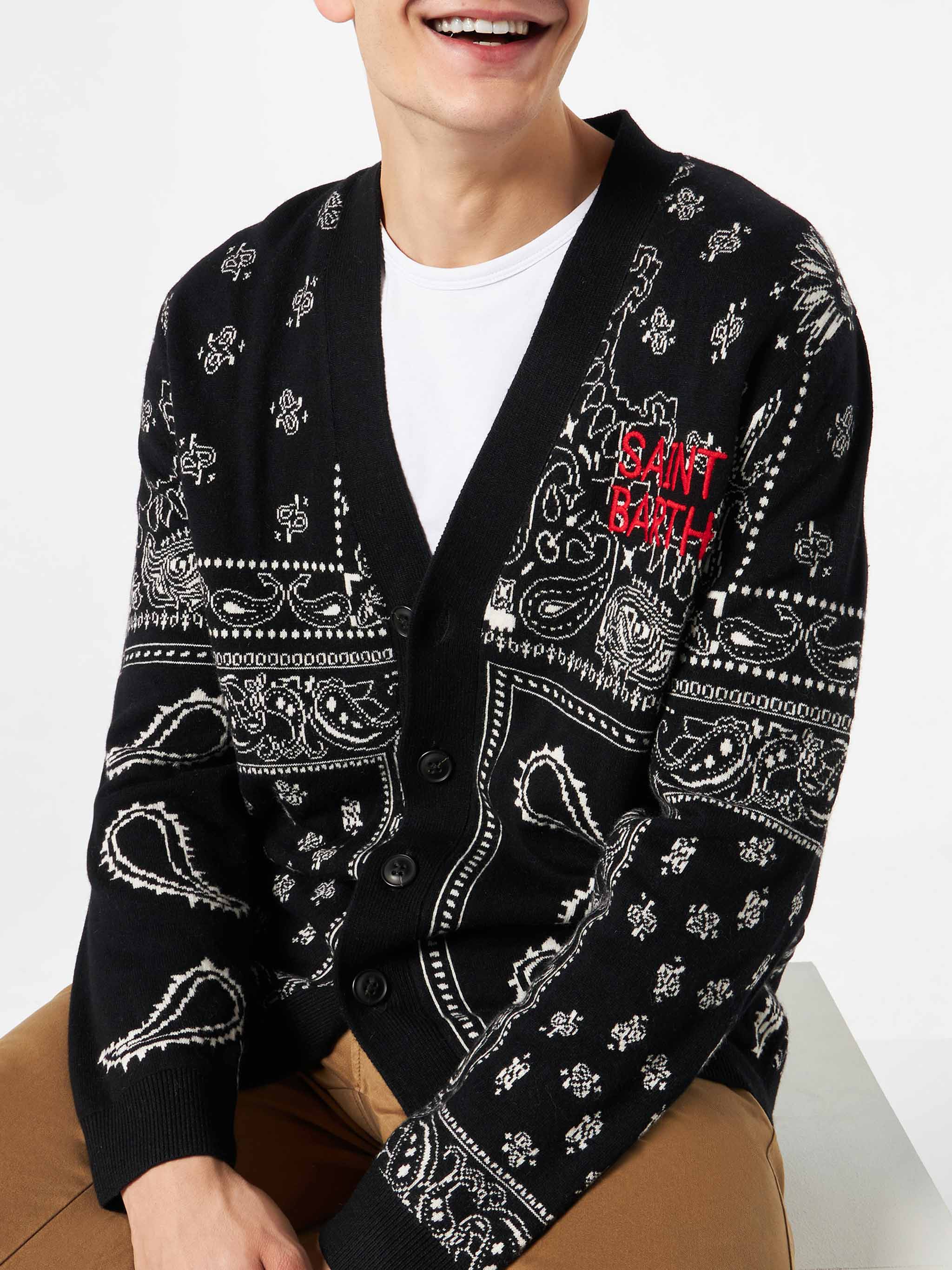 Bandana Knitted Cardigan With Saint Barth Embroidery Black