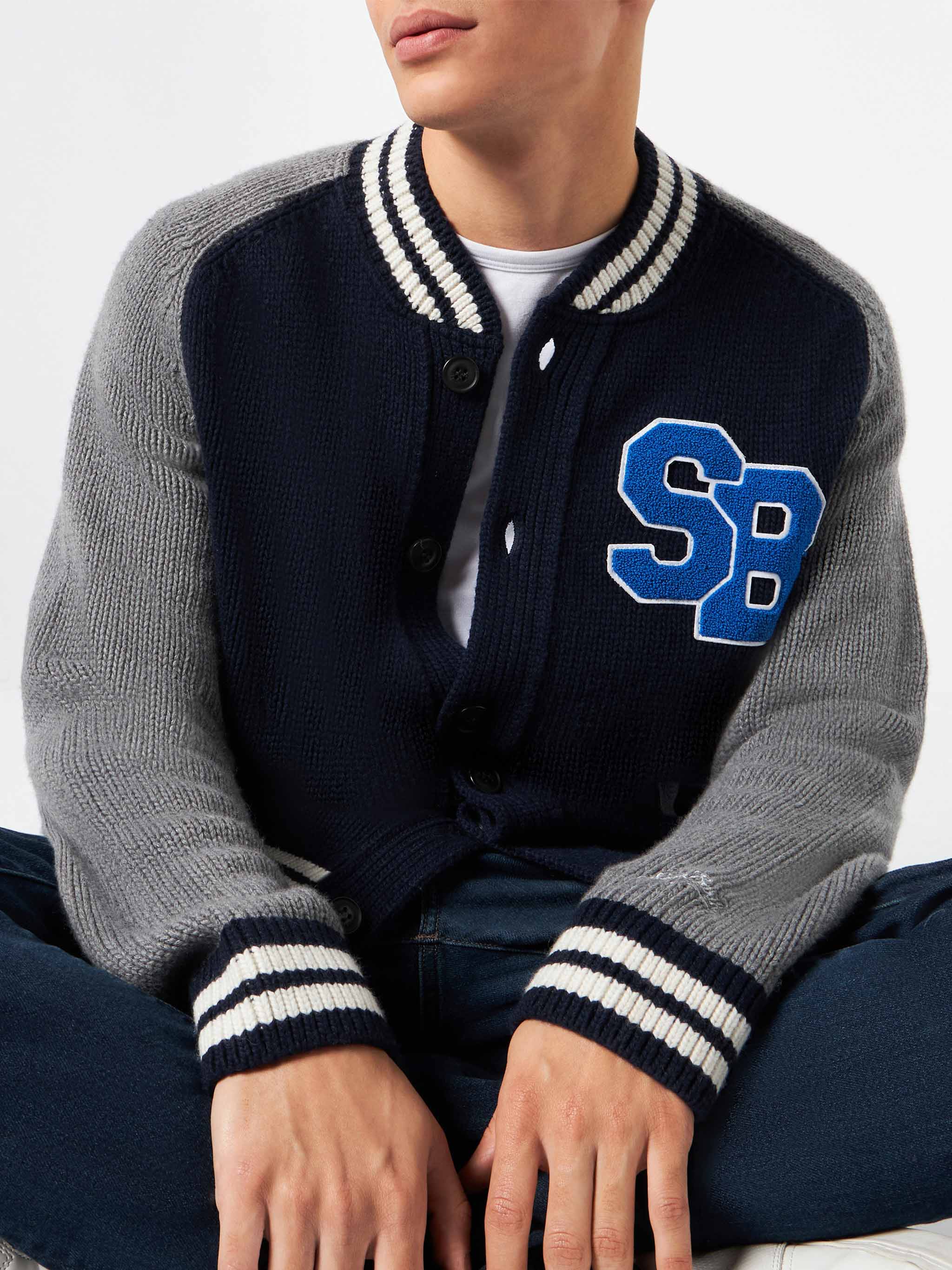 Blue Knit Bomber College Style Knitwear