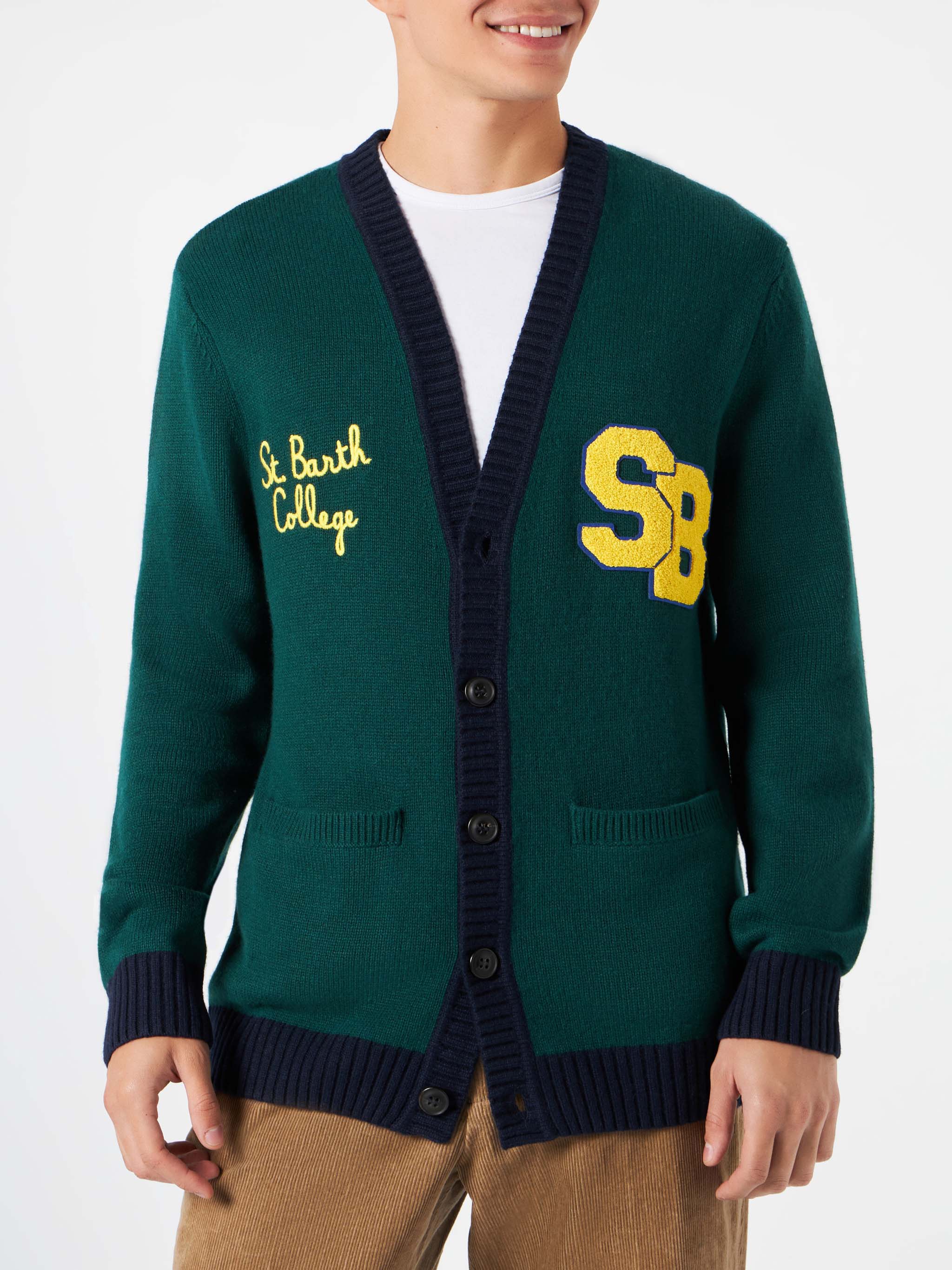 Knitted Cardigan With Patch And St. Barth College Embroidery Green