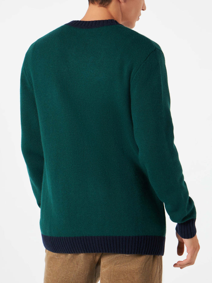 Knitted Cardigan With Patch And St. Barth College Embroidery Green