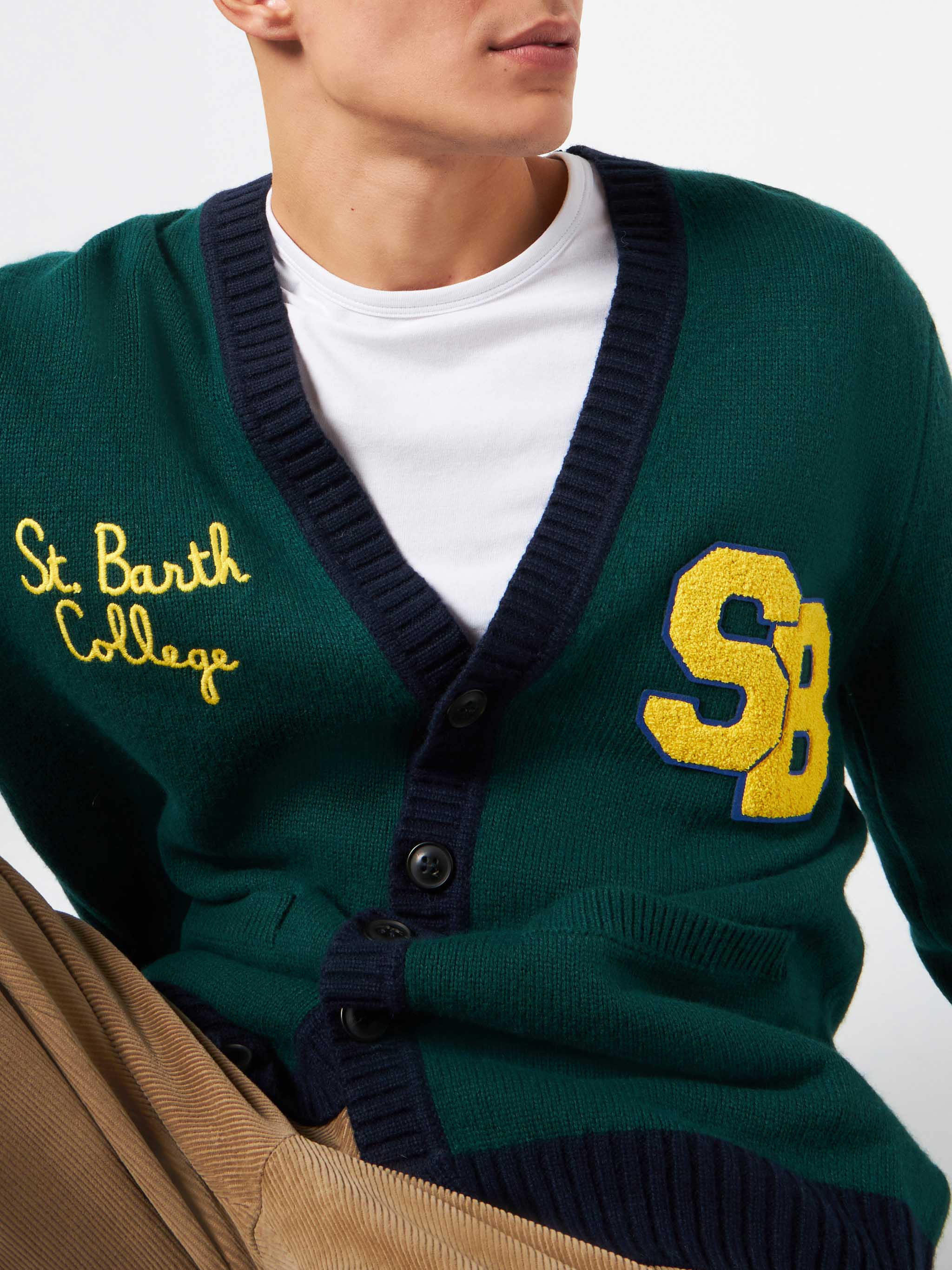Knitted Cardigan With Patch And St. Barth College Embroidery Green