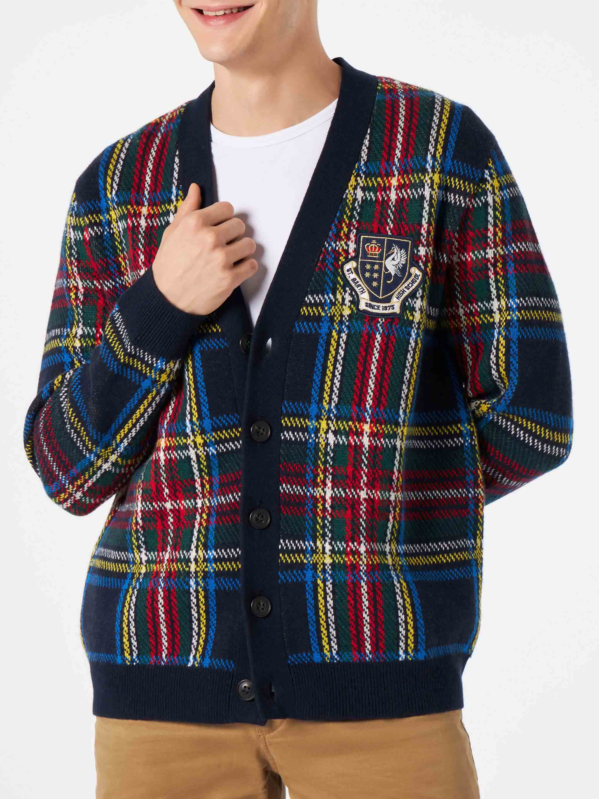 Man Tartan Knitted Cardigan With Patch Blue