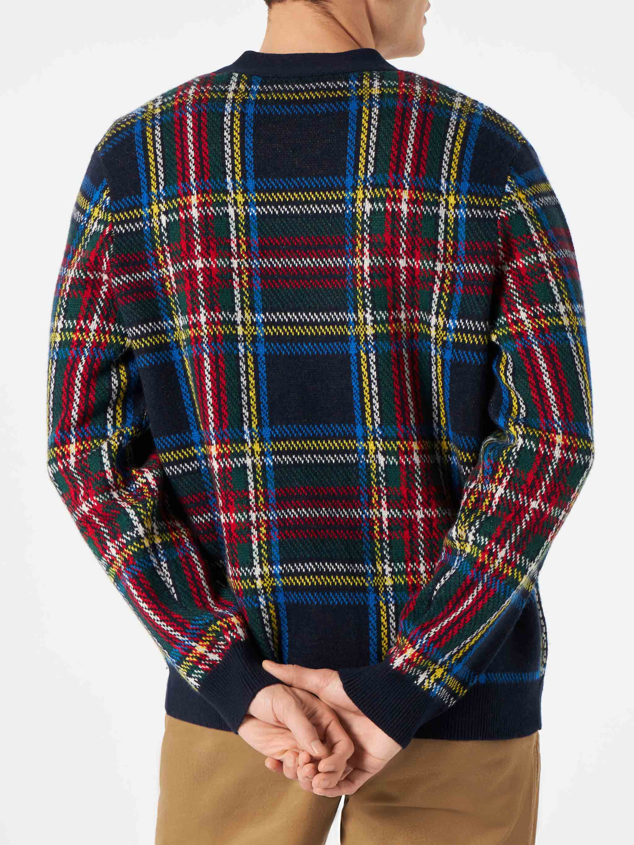 Man Tartan Knitted Cardigan With Patch Blue