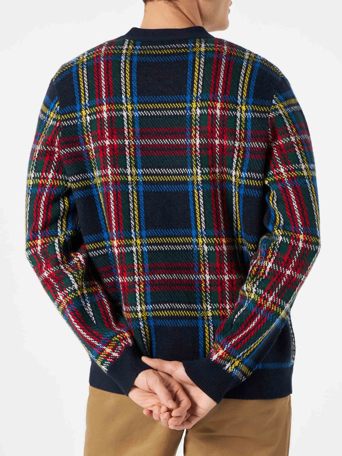 Man Tartan Knitted Cardigan With Patch Blue
