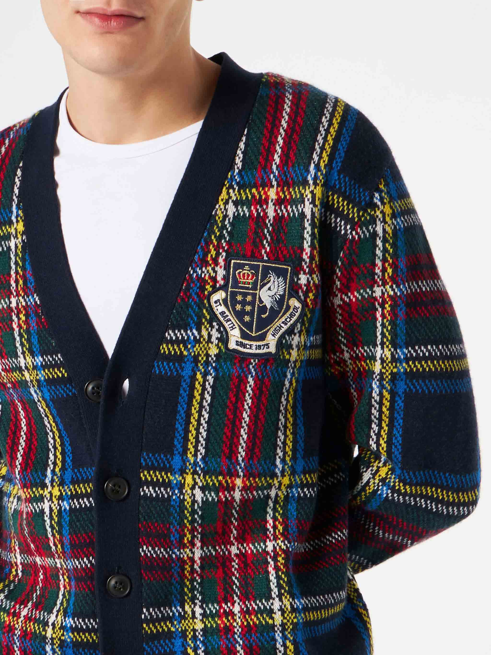 Man Tartan Knitted Cardigan With Patch Blue