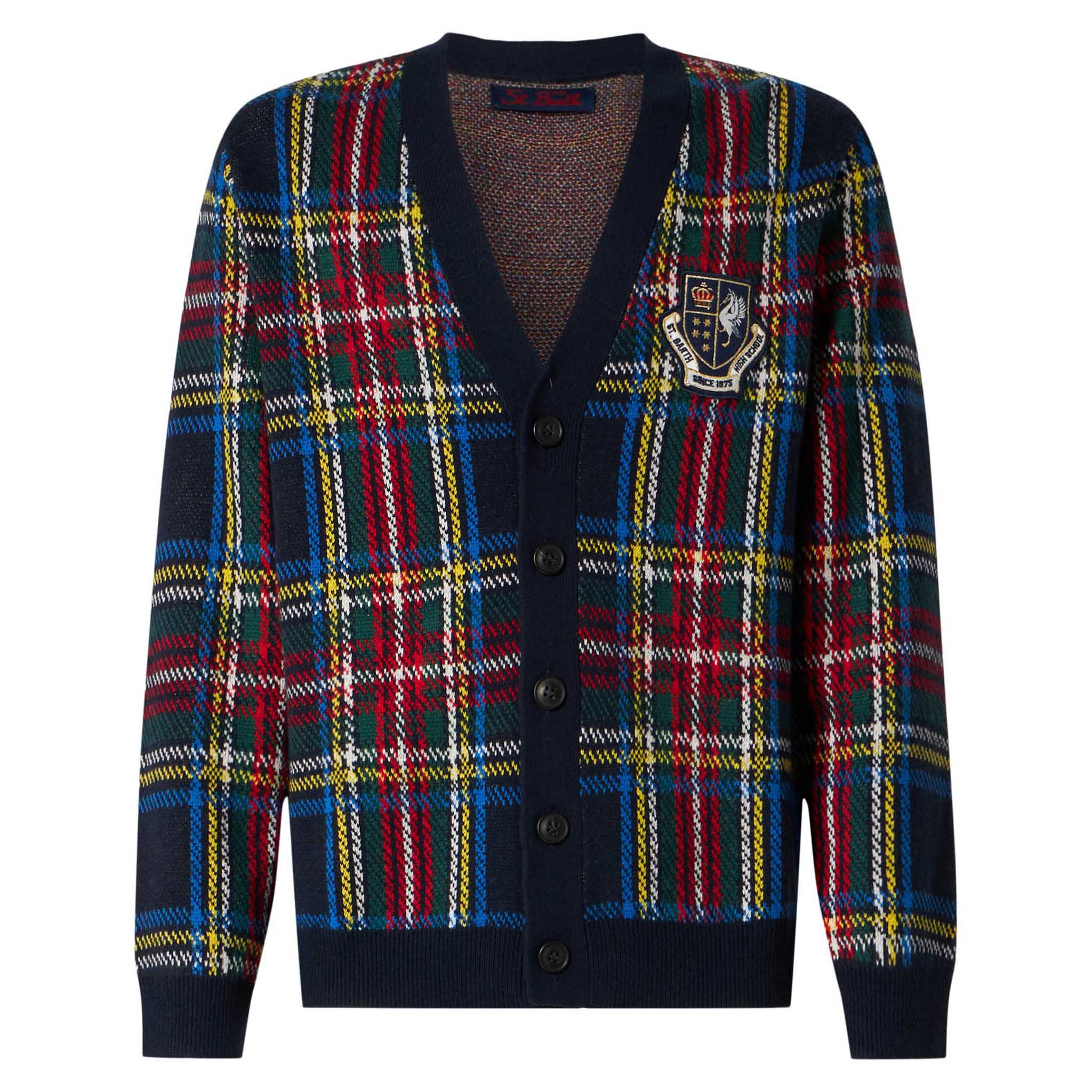 Man Tartan Knitted Cardigan With Patch Blue