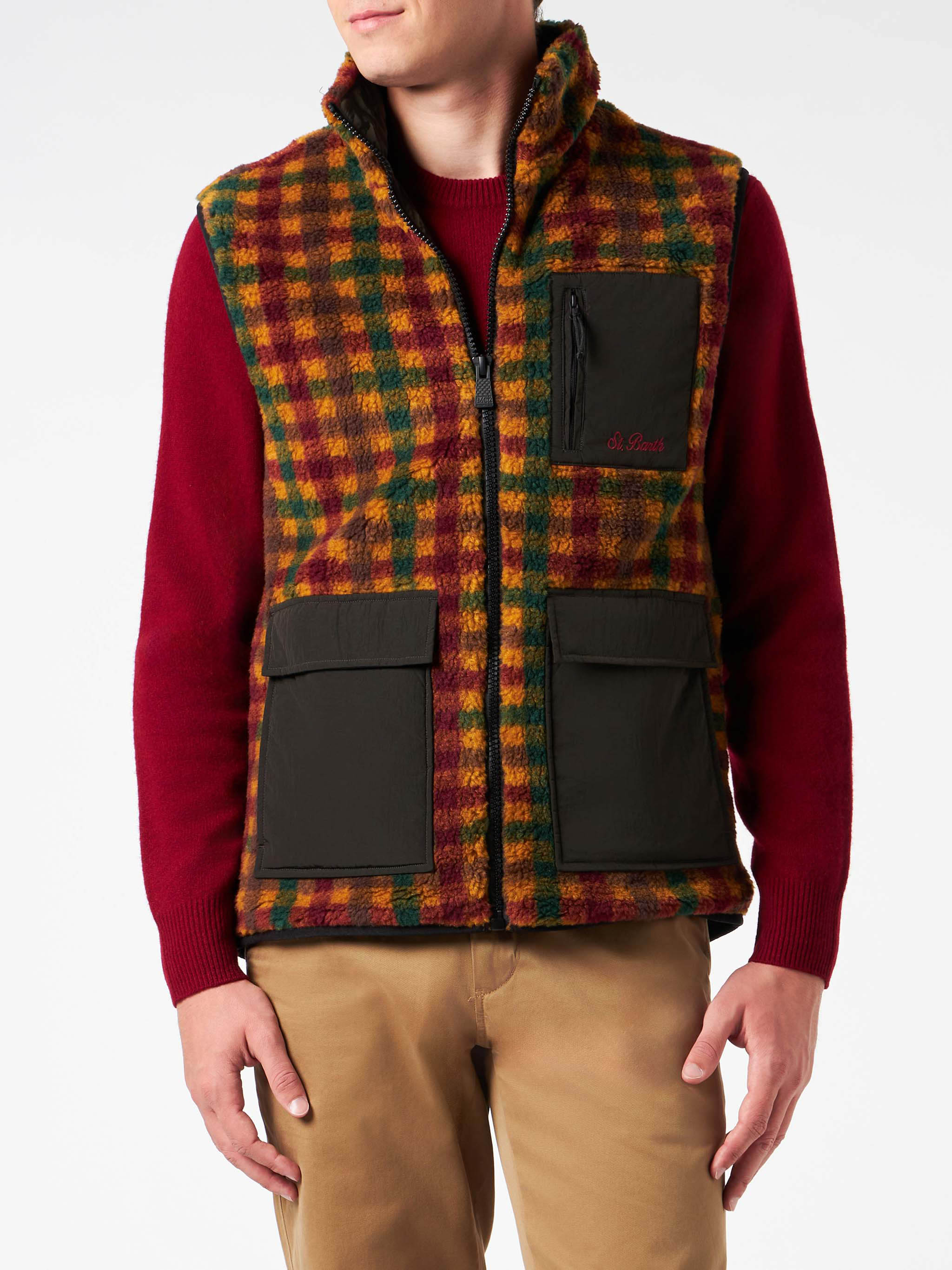 Man Check Sherpa Vest Jacket With Patch Pockets Brown