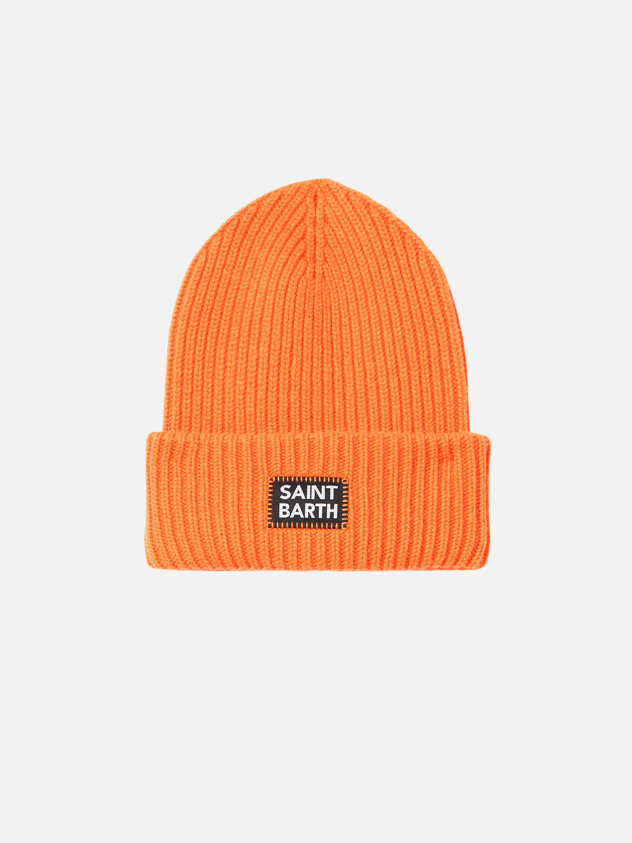 Fluo Orange Ribbed Beanie Berry With Saint Barth Patch Hat