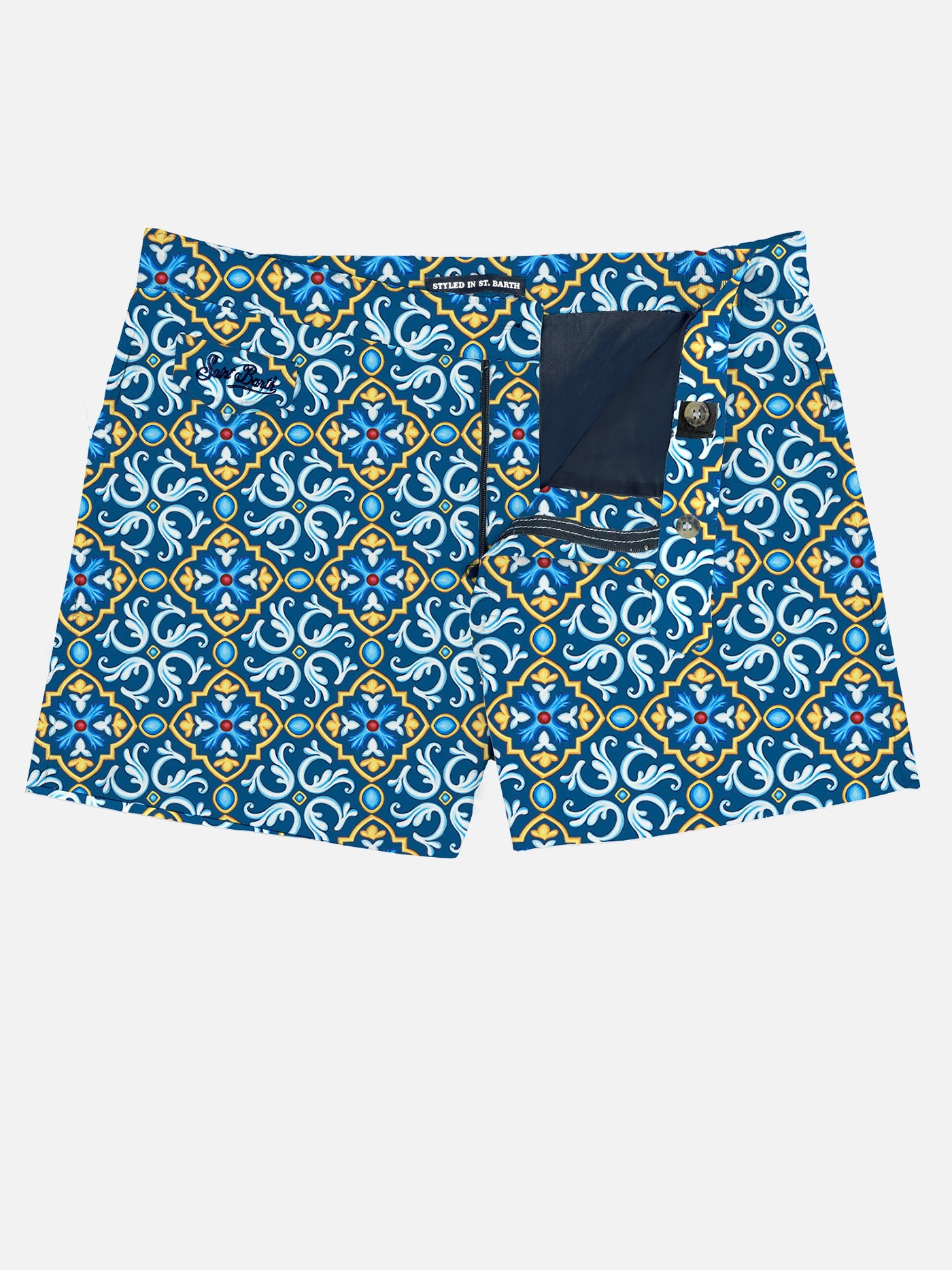 Man Swim Shorts With Maiolica Print Blue Swimshort